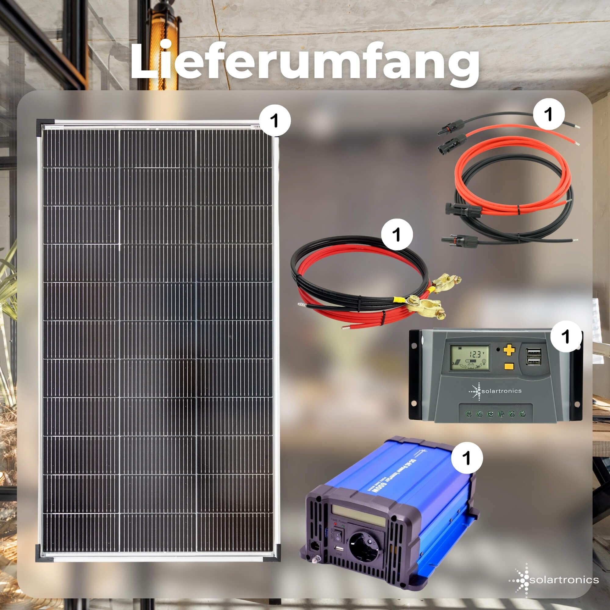 SOLARTRONICS Komplettset 1x120 Watt Solarmodul 1070x585 600 Watt FS600D12V Wandler 10A Laderegler Solaranlage