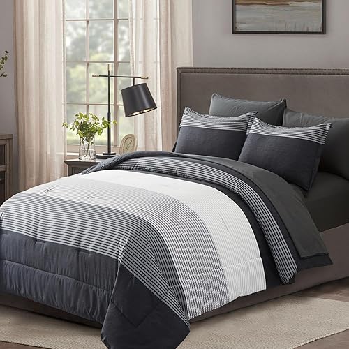 Miniatura 2 de Juego de edredón de 7 piezas en una bolsa, tamaño Queen, color negro y gris, juego de edredón ligero de microfibra a rayas para cama Queen (1