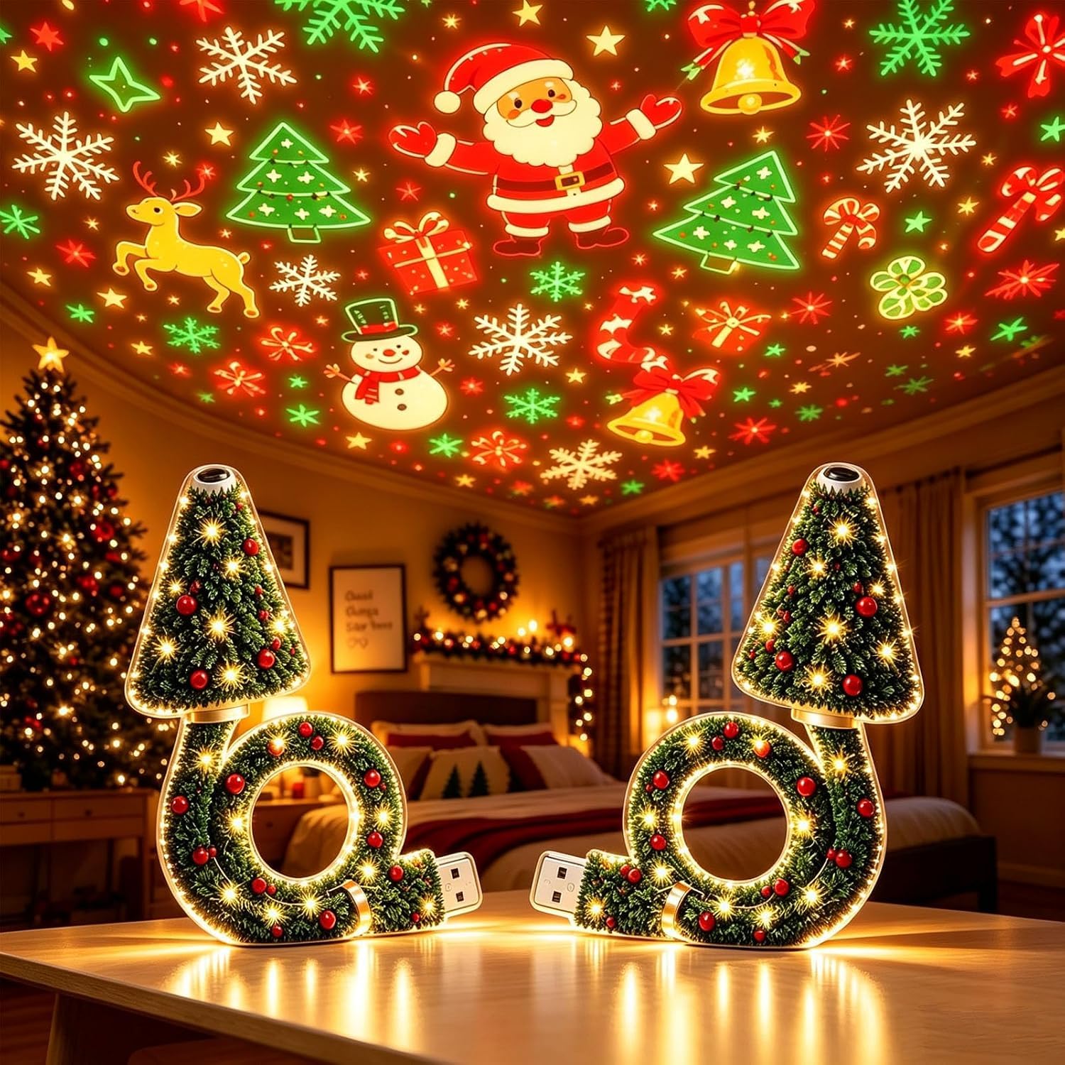 Christmas Ceiling Projector Light Indoor USB Night Light Tree Lamp，2pcs