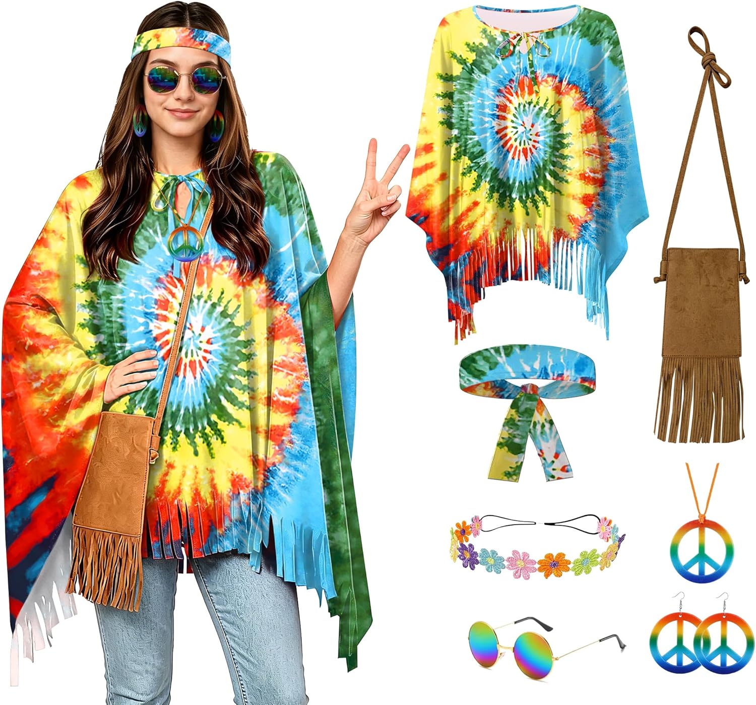 For G and PL Women Halloween 7 Pcs 70s Hippie Costume Accessories Set Tie Dye Cosplay Poncho Fringe Bags Headbands Sunglasses Retro Outfit