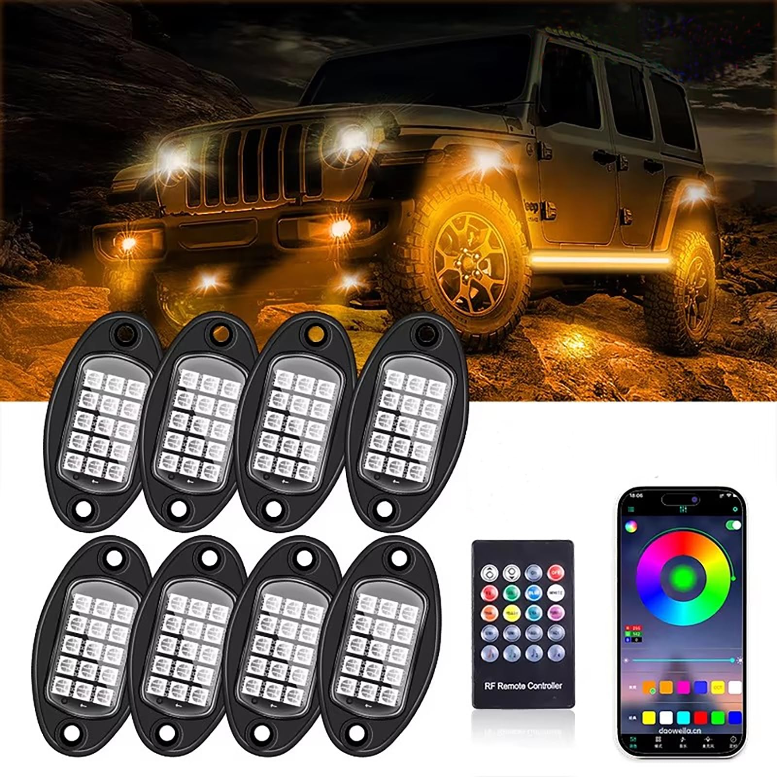 NEWFUN Oświetlenie podwozia samochodu, tryb muzyczny, oświetlenie podwozia, RGB, sterowanie za pomocą aplikacji/RF, do samochodów, ciężarówek i SUV-ów, 8 podów