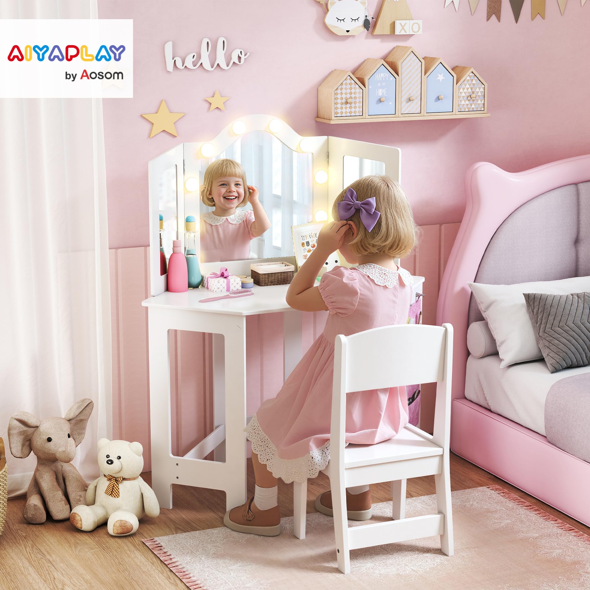 AIYAPLAY Coiffeuse Enfant 2 en 1 avec Tabouret, Bureau Fille avec Miroir triptyque et lumières LED Bicolores, Pochette de Rangement latérale, Table de Maquillage pour Enfants de 3 à 8 Ans, Blanc