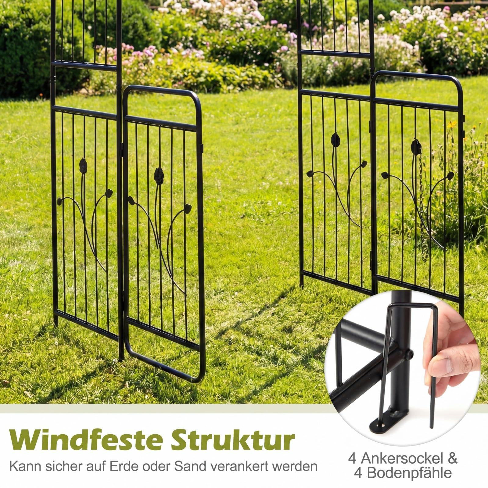 COSTWAY Rosenbogen mit Tür, Gartenbogen aus Metall stabil, Torbogen Garten, Rankbogen für Kletterpflanzen, Rankhilfe Rankgitter Rundbogen, inkl. Erdspieße, für Hochzeit Partys (102 x 49,5 x 223 cm)