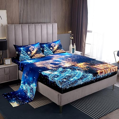 jejeloiu Juego de ropa de cama de Navidad con estampado de ciervo y árbol de Navidad, juego de sábanas de Navidad, 1 sábana encimera y 1 sábana