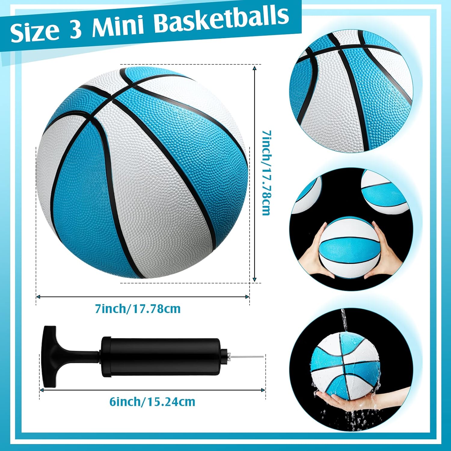honoson 6 pack water pool basketball swimming pool rubber waterproof basketball for summer lake party favors (light blue with black trim,7 inch) 6 light blue with black trim 7 inch