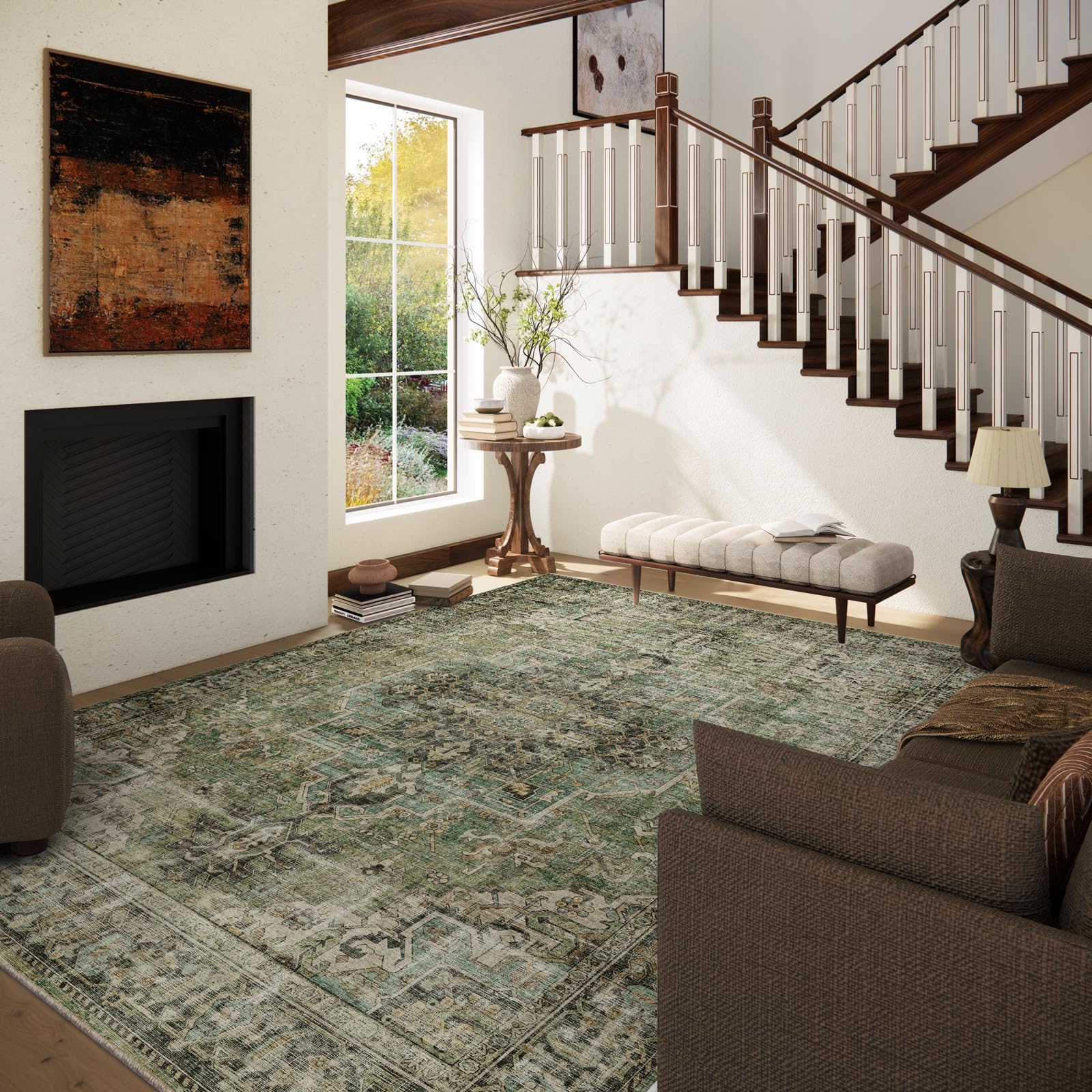 6x9 Area Rugs for Living Room: Washable Bedroom Rug Boho Vintage Rugs Stain Resistant Non Slip Low Pile Soft Lightweight Carpet for Kitchen Dining Room Farmhouse Nursery Kids Room - 2