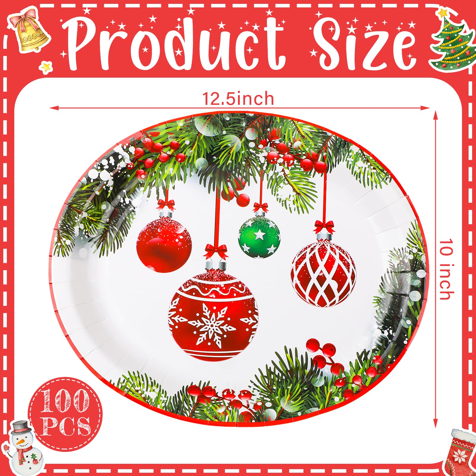 Lot de 100 grandes assiettes ovales en carton jetables pour fête de Noël, 25,4 x 31,8 cm (boule de Noël)