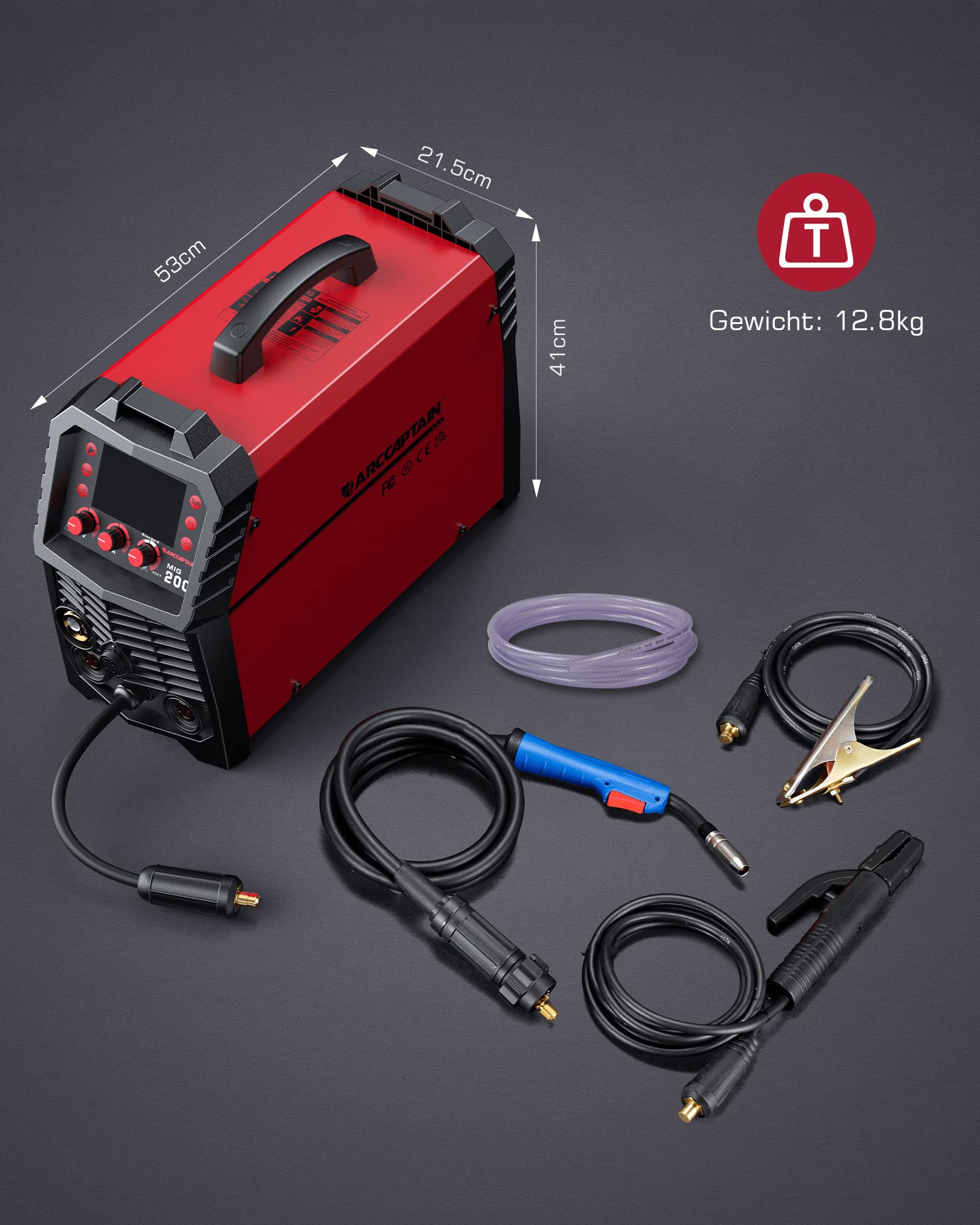 ARCCAPTAIN MIG MAG Schweißgerät 200 Ampere, 7 in 1 vollsynergisches Schweißgerät FLUX Fülldraht/MAG/MIG Schutzgas Schweißgerät/MMA/Lift TIG/Unterstützung Spool Gun/Punktschweißen, IGBT Inverter230V