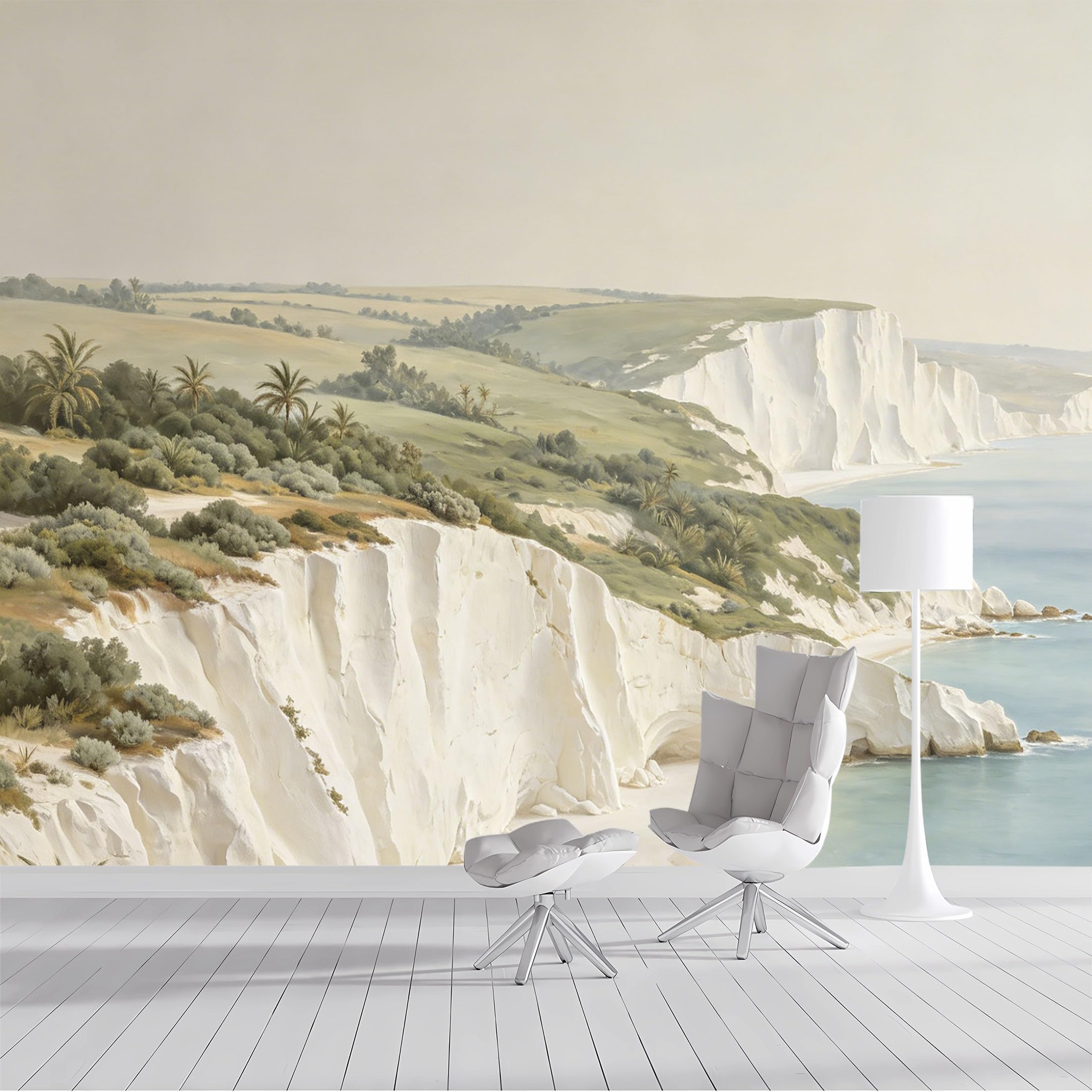 Custom Size Wall Mural Coastal Cliff Seascape Oceanview Landscape Watercolor Style SelfAdhesive Wall Fabric Removable Peel and Stick Wallpaper Wall Decor for Living Room Bedroom Bathroom