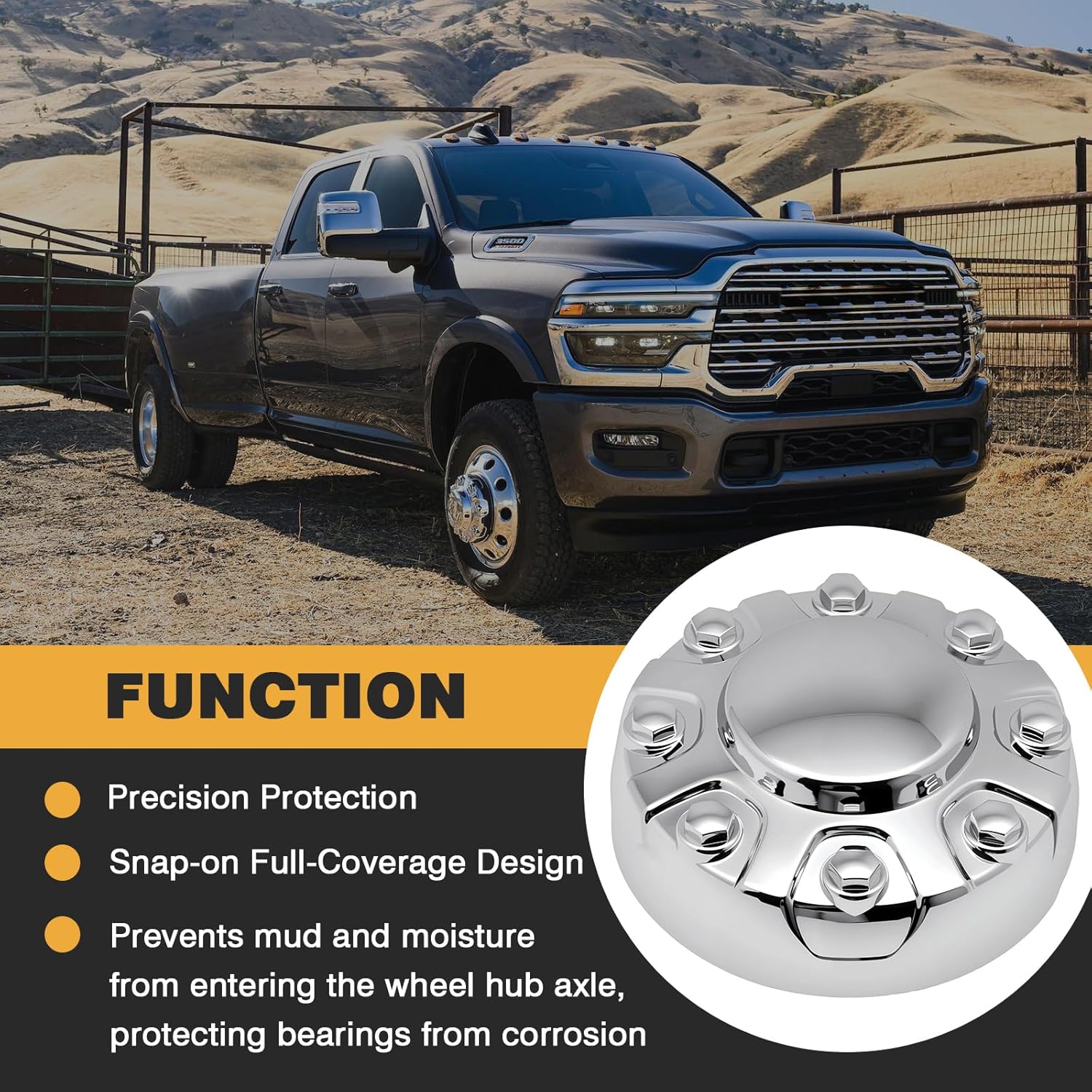 Chrome Wheel Center Cover Hub Cap Compatible with Dodge Ram 2500 3500 SRW 2019-2024, Chrome Hub Cap Replacement for 6PG02SZ0AB 6PG02SZ0AC 68636895AA