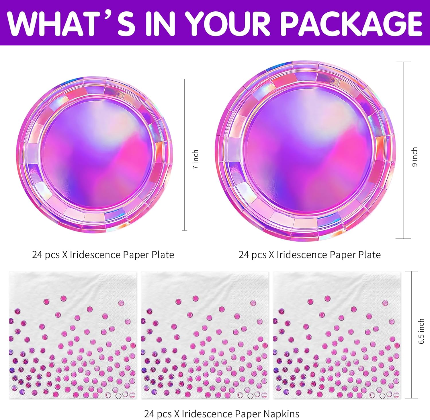 Pink Iridescent Plates and Napkins Party Decorations, Metallic Shiny Hot Pink Holographic Paper Dinner Plate, Dessert Plate, Napkin, for Mermaid Birthday Baby Shower Bridal Wedding, Serves 24 - Image 2