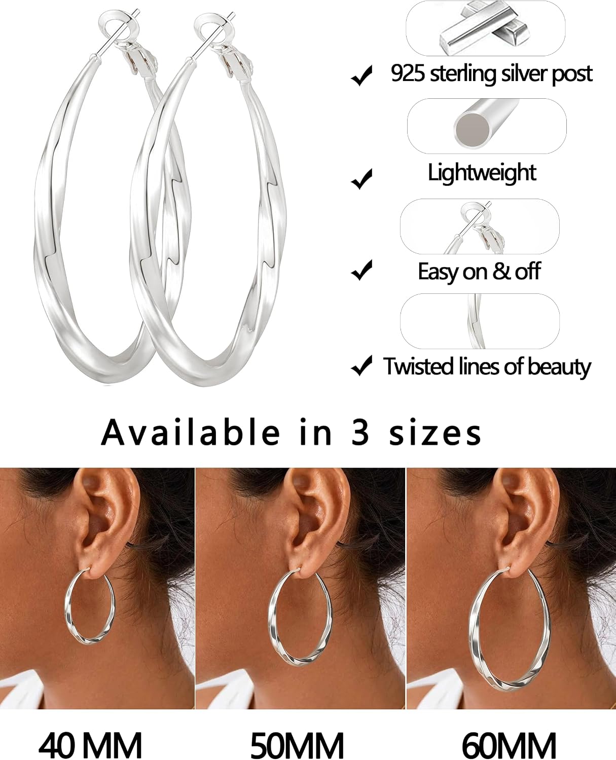 Silver Hoop Earrings for Women Hypoallergenic Sterling Silver Post Lightweight Large Mobius Hollow Tube 14k Gold Hoop Earrings Trendy 40MM 50MM 60MM