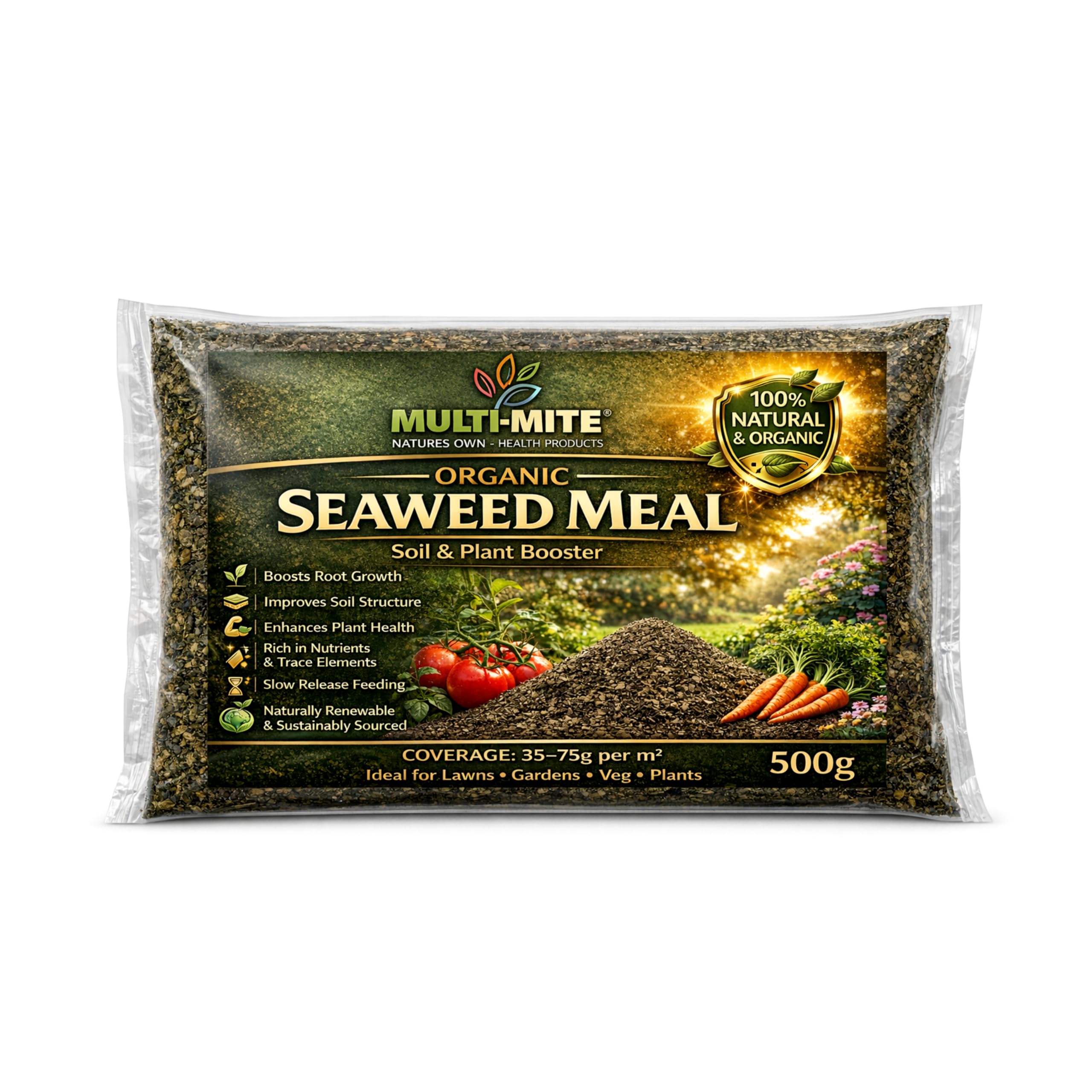 Multi-Mite 500g Organic Seaweed Meal Fertiliser – Natural Plant Food & Soil Conditioner for Lawns, Gardens & Vegetables – Slow Release, Improves Soil Health & Root Growth