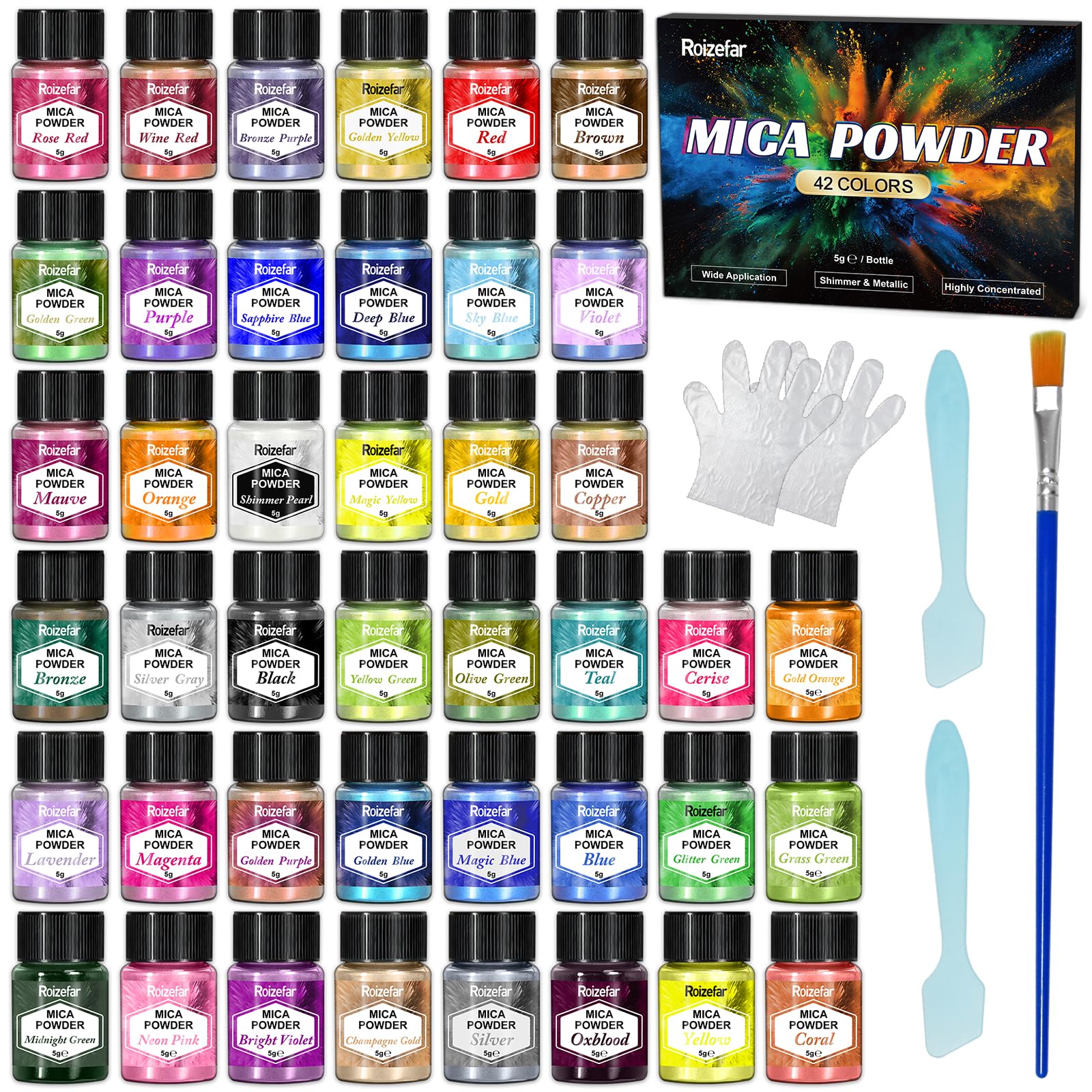 Roizefar Epoxidharz Farbe Mica Pulver, 42 Farbe*5g Perlglanz Epoxidharz Pigment metallischer Pulver für Seifenfarbe, Schmuckherstellung, Nagellack, Epoxidharz, Kerzenherstellung, Badebomben, Schleim