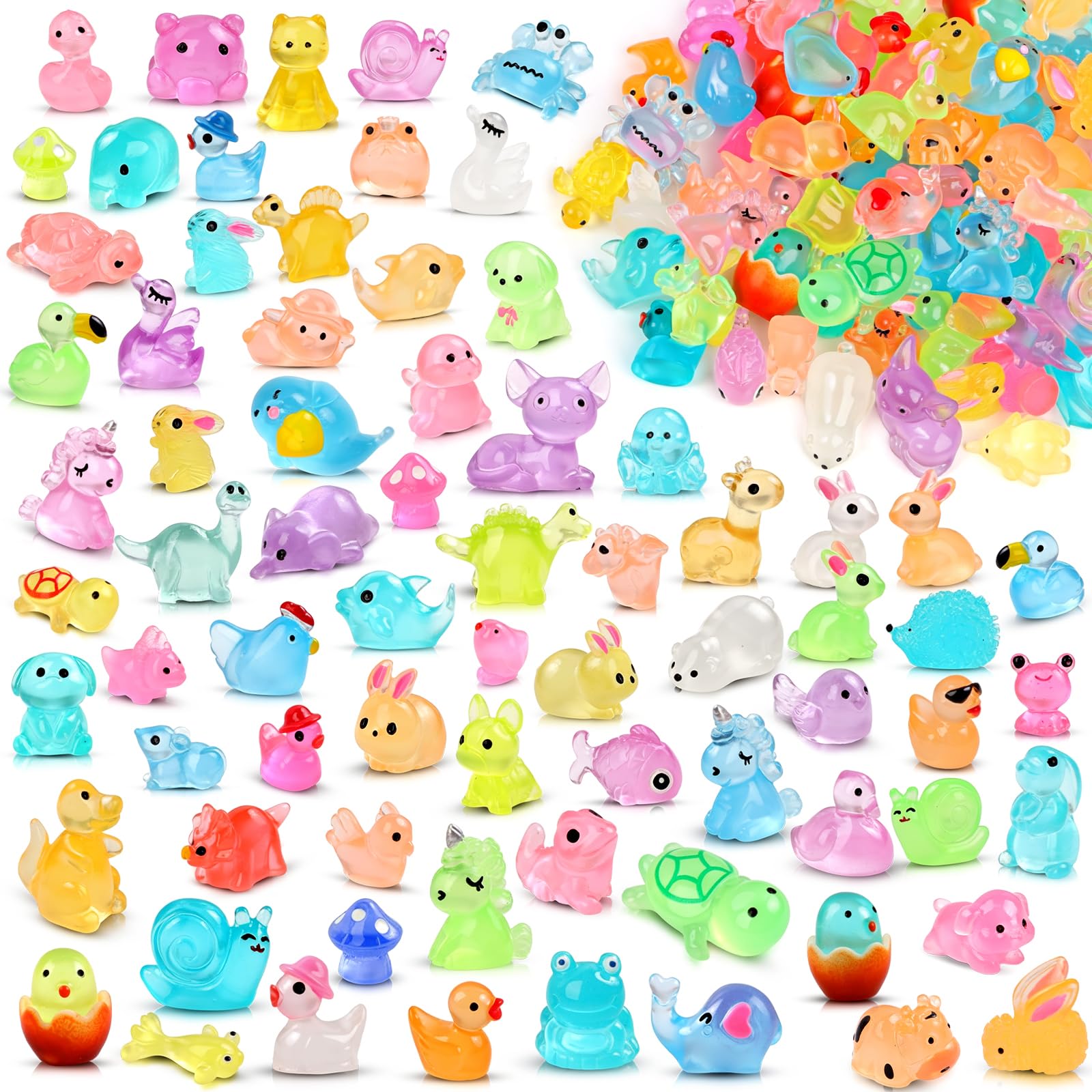 XISHAN 100PCS Mystery Mini Resin Animals Tiny Farm Animals Glow in The Dark 30+ Styles Figurines for Fairy Garden Aquarium Micro Landscaping Decoration(Color)