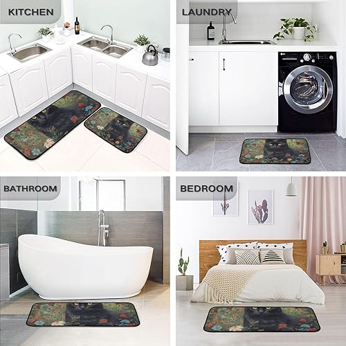 Miniatura 5 de ZENWAWA Black Cat in Flowers Kitchen Mat 2 Pcs Set, Low Pile Kitchen Rugs Cushioned Water Absorbent Washable Floor Mats for Kitchen Sink Laundry Room
