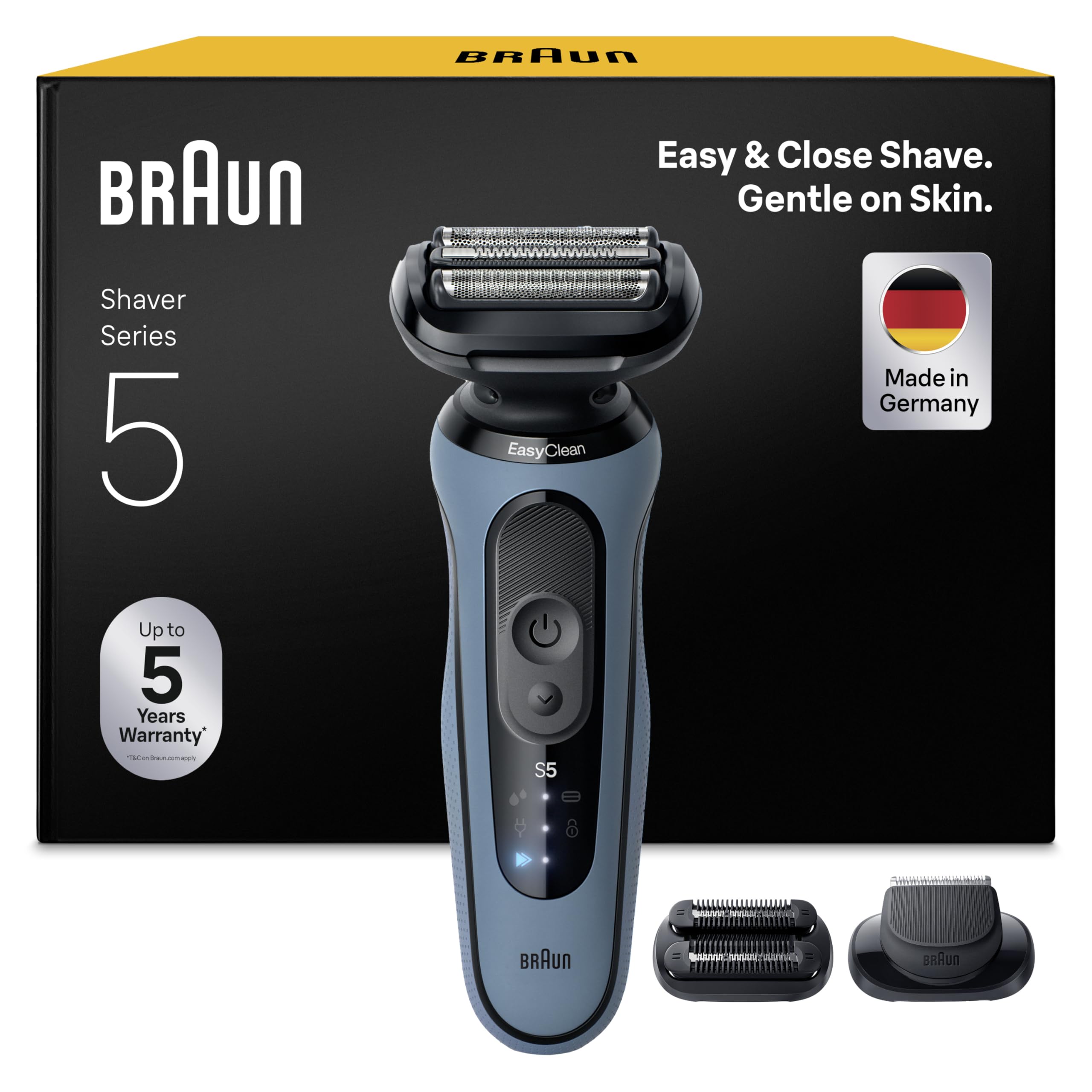 Series 5 Electric Shaver, Up to 50 min, +2 Attachments, Cordless, Wet & Dry Razor for Men, 100 percent Waterproof, 52-A1820SI, Azure