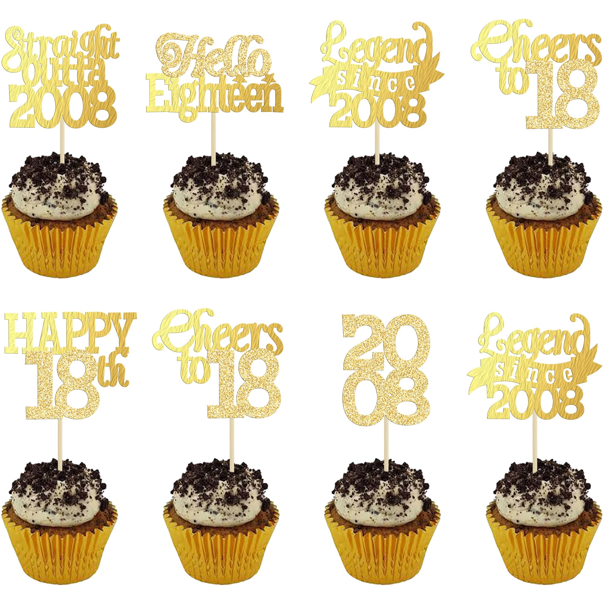 Gyufise 24Pcs Happy 18th Birthday Cupcake Toppers Hello Eighteen Legend Since 2008 Cupcake Picks Cheers to 18 Years Cake Decorations for 18th Birthday Anniversary Party Supplies Gold