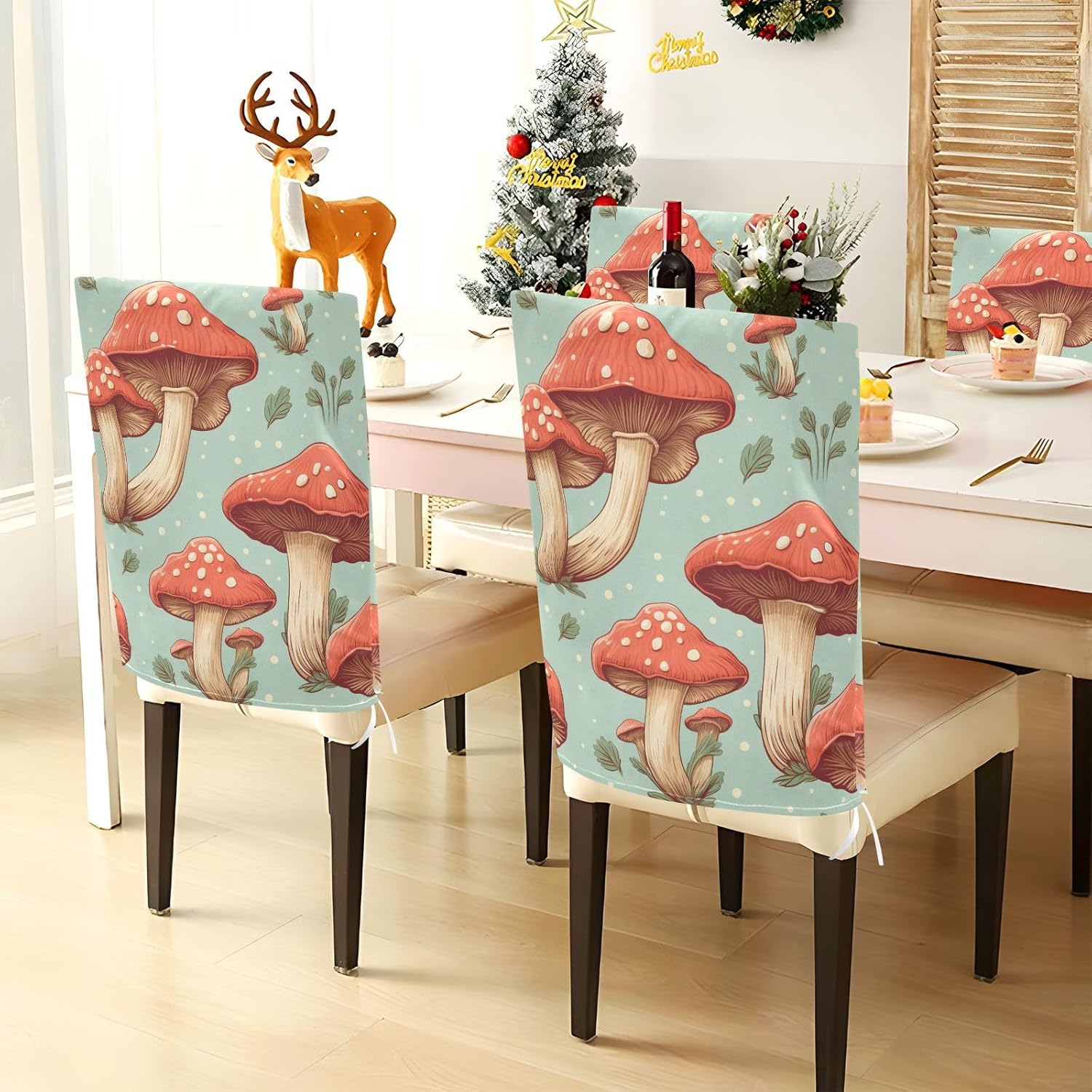 ALAZA Mushrooms and Dots Chair Back Cover Set of 6, Washable Reusable Removable Chair Slipcovers Decorative Chair Cover for Home Kitchen Wedding Party