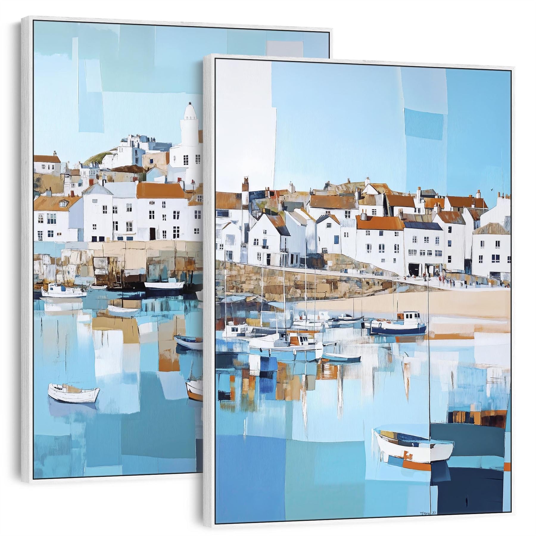 Wallfillers Large Set of 2 Coastal Wall Art - Framed Pair - Cornish Harbour Canvases (171cm x 123cm)