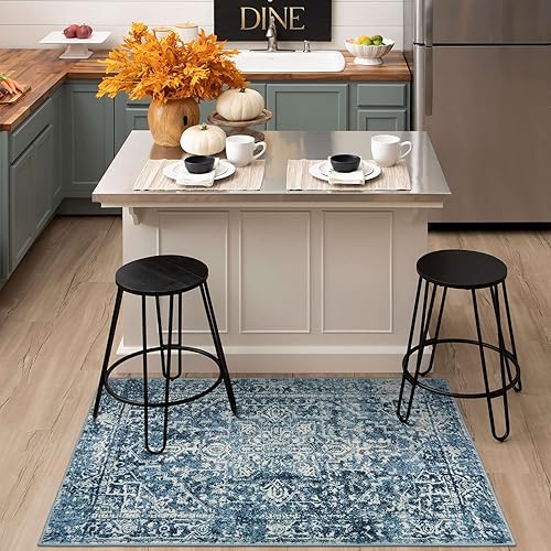 Miniatura 5 de Morebes Alfombras Vintage de 3 x 5 Pulgadas para Sala de Estar, Alfombra Lavable Azul para Baño Resistente a Manchas Antideslizante, Alfombra Suave