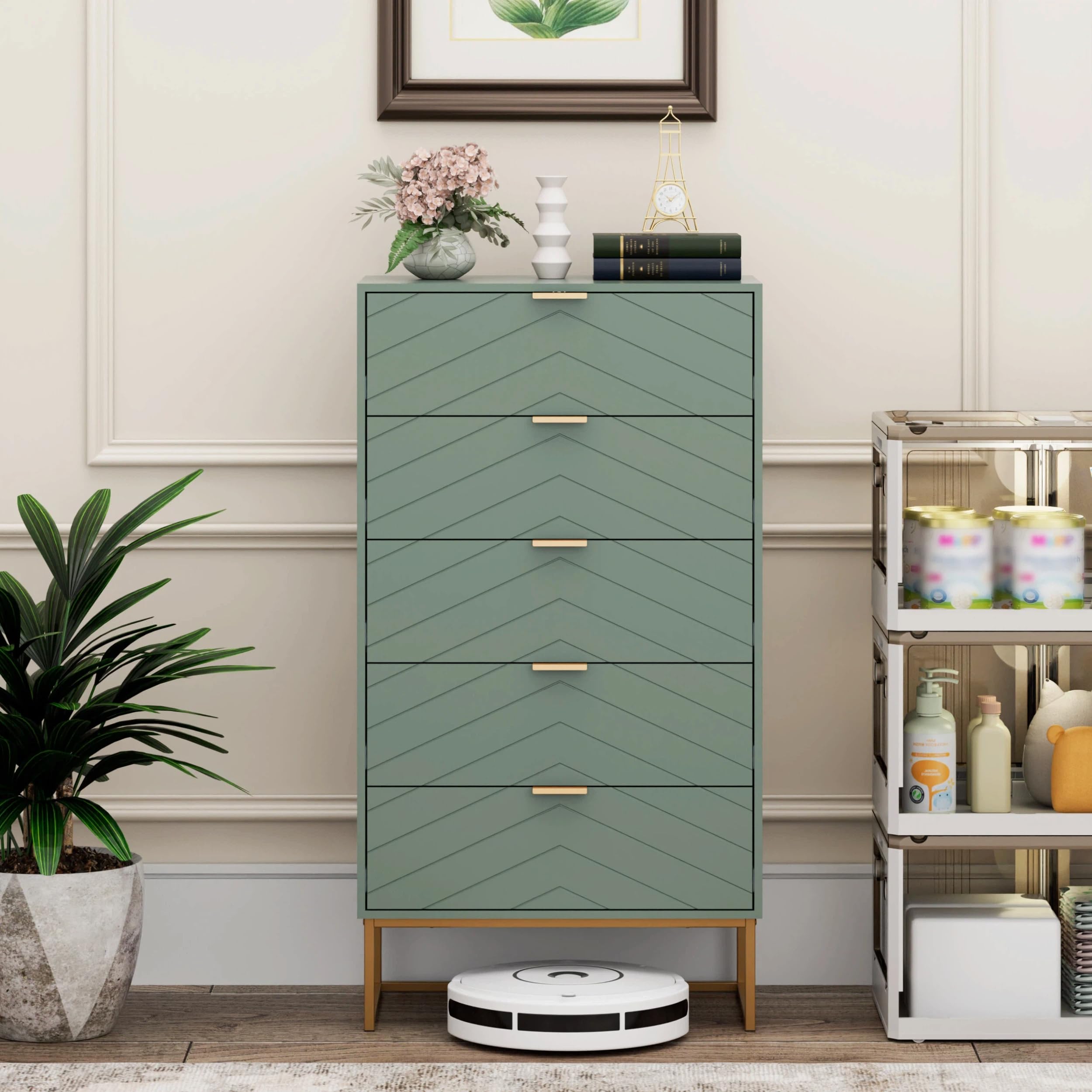 UEV Kommode mit 5 Schubladen Schrank Holz mit Kippsicherung Metallfuß Highboard Sideboard Schmal kommode Beistellschrank für Wohnzimmer Schlafzimmer,Flur 60x34x110cm (grün)