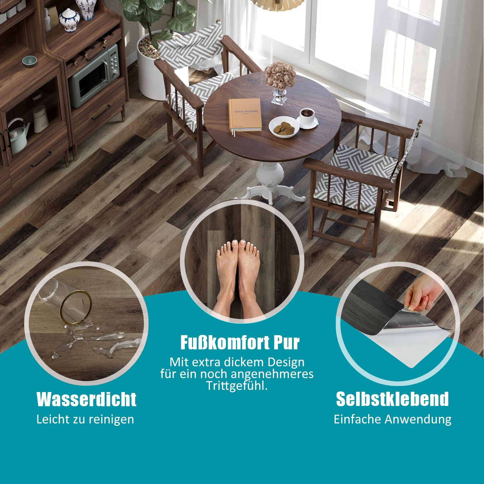 Oxdigi PVC Bodenbelag Selbstklebende 1.6m², Verdickt Holzoptik Vinylboden Bodenfliesen für Eingangstür, Wohnzimmer, Küche, Balkon, Abstellraum, Zuschneidbar Vinyl-Fußböden 15x91 cm 12 Dielen