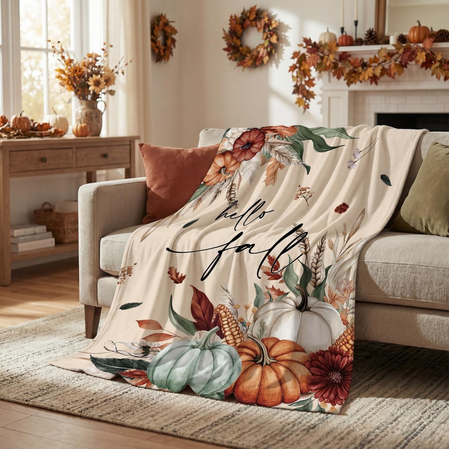 Horaldaily Fall Orange Green Pumpkin Leaves Flannel Throw Blanket 50x60