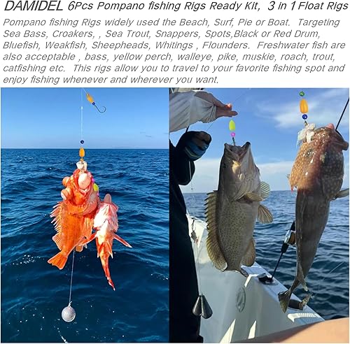 Miniatura 4 de 6Pcs Pompano Fishing Rigs Ready Kit，3 in 1 Float Rigs with Triple 3/0 Circle Hook for Surf Fishing，（12/0） Fishing line / 50in length/50lbTension in