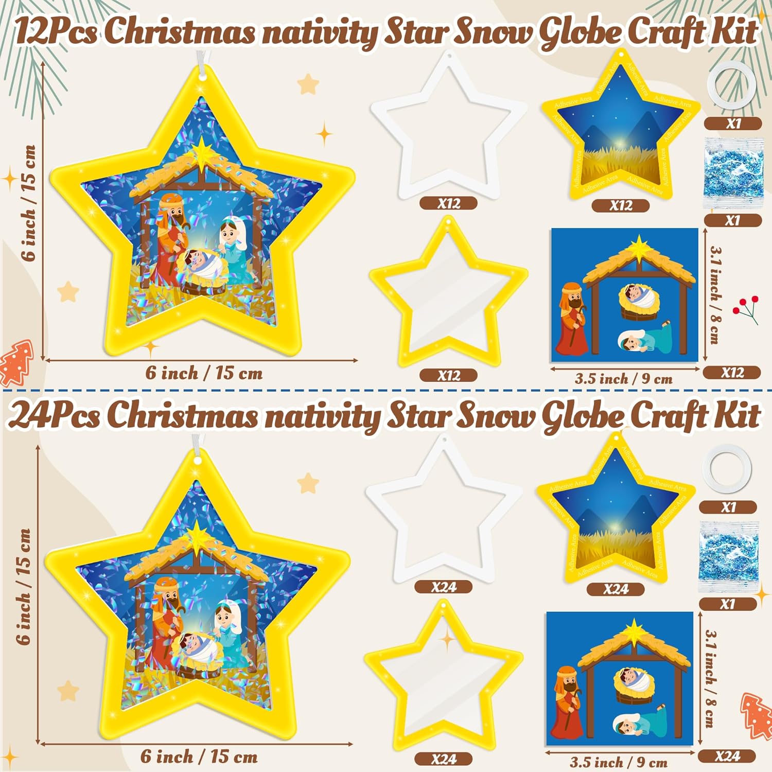 WATINC Christmas Star Snow Globe Craft Kit - DIY EVA Nativity Jesus’s Birth Scene Hanging Shaking Ornament Crystal Ball with Glitter Sequins Sugar Paper, Winter Christmas Jesus for Home School (24Pcs)
