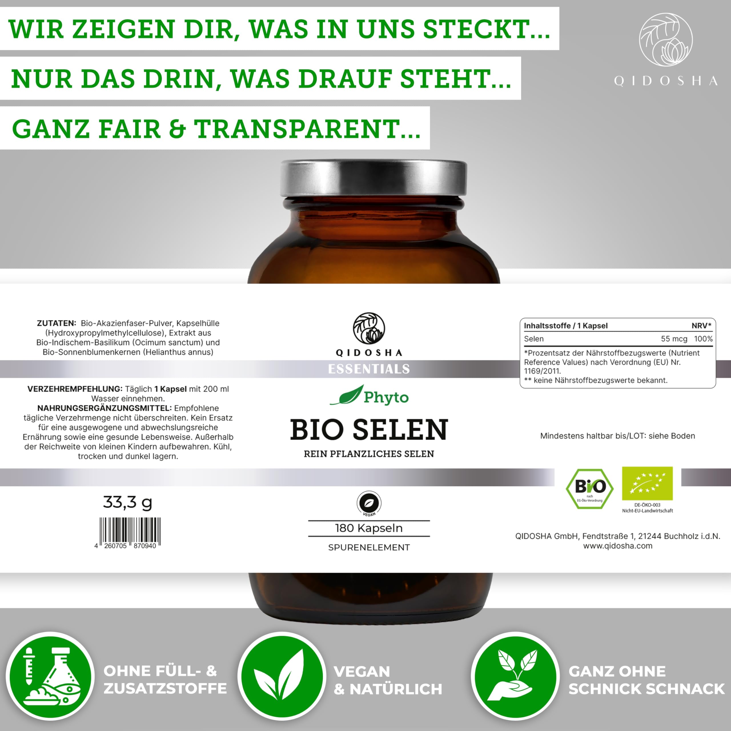 QIDOSHA® Bio Selen hochdosiert, 180 Kapseln, 55 mcg (100% NRV) pflanzliches Selen je Kapsel aus Bio Indischem Basilikum und Bio Sonnenblumenkernen, Selenmethionin, ergänzt um Bio Akazienfaser
