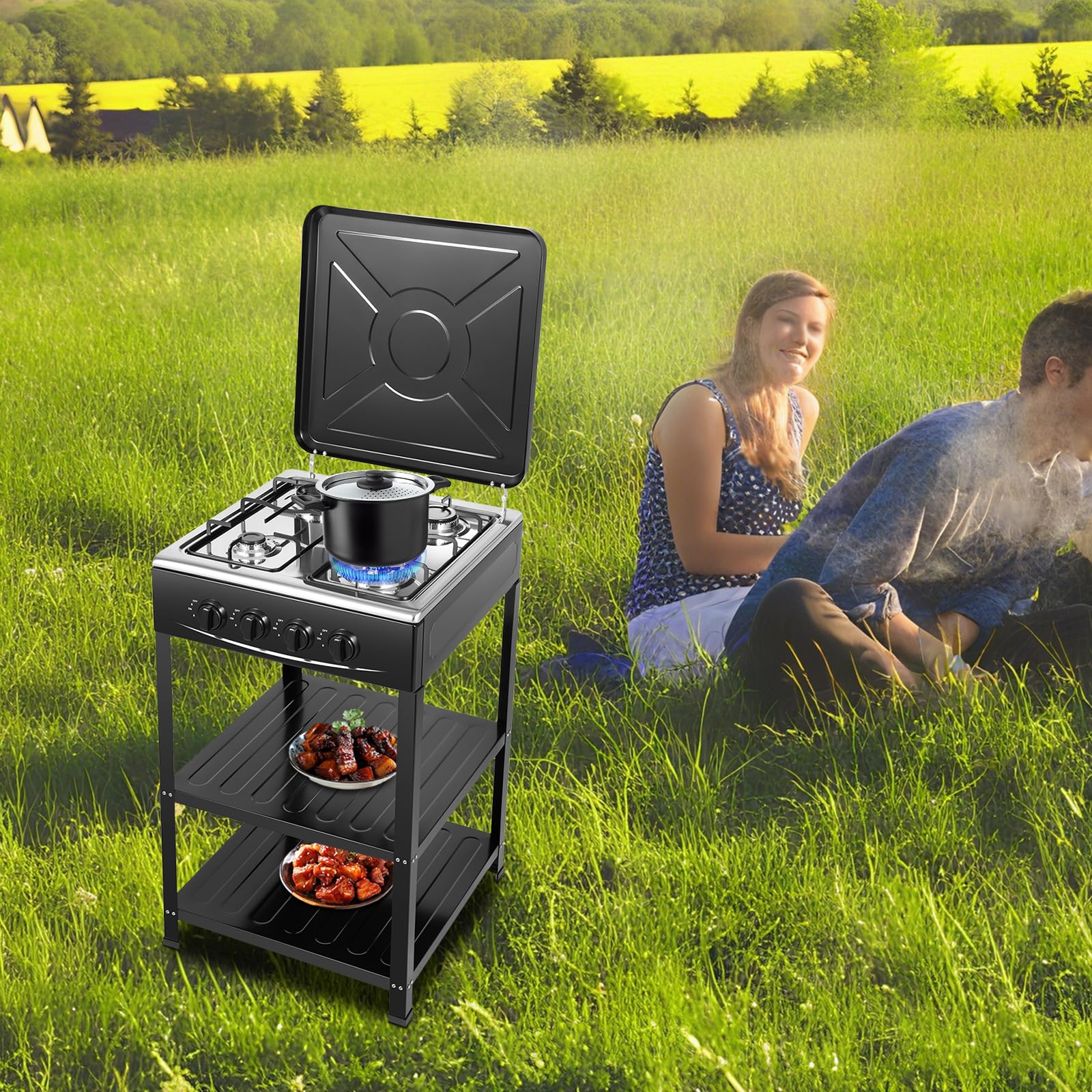 Hornillo de gas para camping de 2,5 kW, 5 quemadores con placa de gas, para interior de camping, estufa de gas, portátil, para bombona de gas (4 quemadores, negro)
