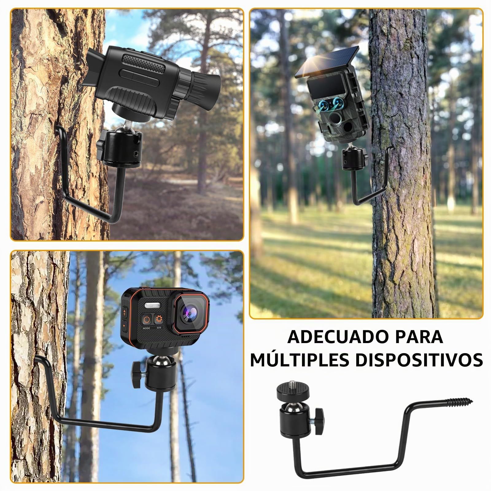Juego de 3 Soportes para Cámara de Caza, Soporte para Árbol con Cabeza Giratoria 360°, Tornillo para Árbol y Roscado Universal 1/4 Pulgada para Caza y Vigilancia