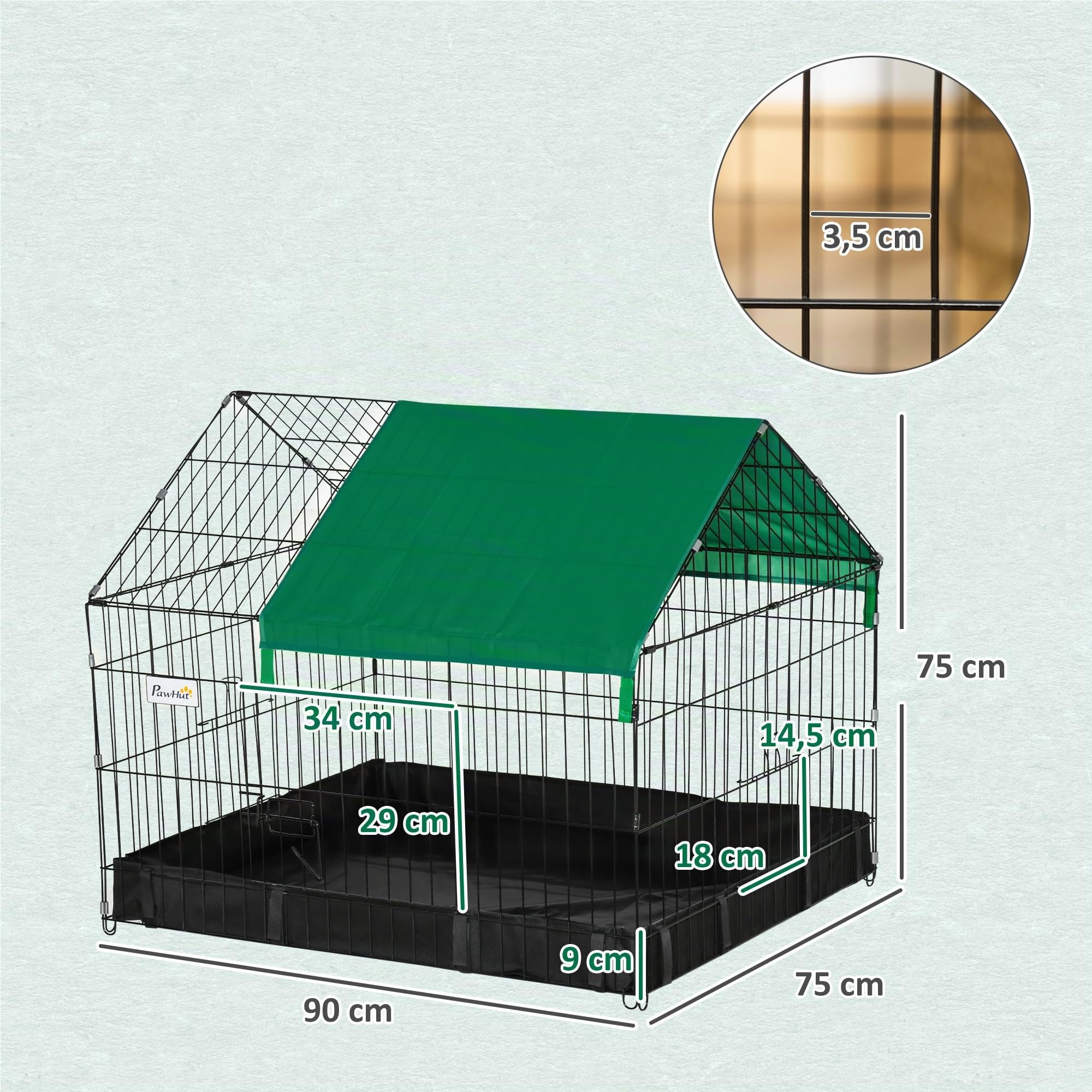 PawHut Jaula para Animales Pequeños 2 Puertas 90x75x75 cm Negro y Verde | Parque para Mascotas, Toldo, Base con Tela Oxford Impermeable, Interior y Exterior
