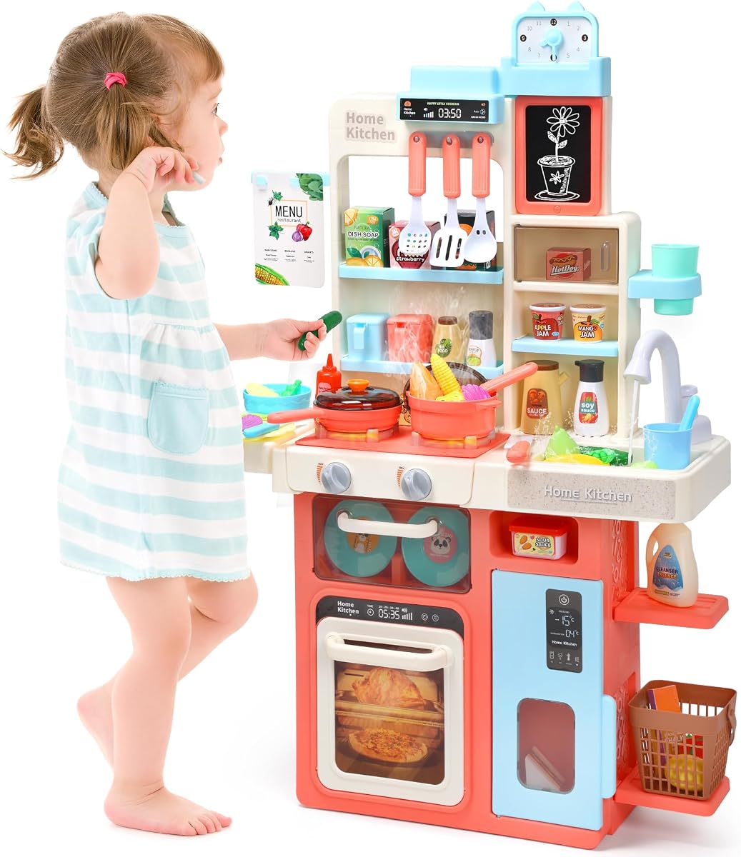 HOLYFUN Kids Kitchen Playset, Kitchen Set for Toddler with Sound and Light, Cooking Stove with Steam, Play Sink and Toy Kitchen Accessories, Pretend Kitchen Toys for Kids Girls Boys, Pink