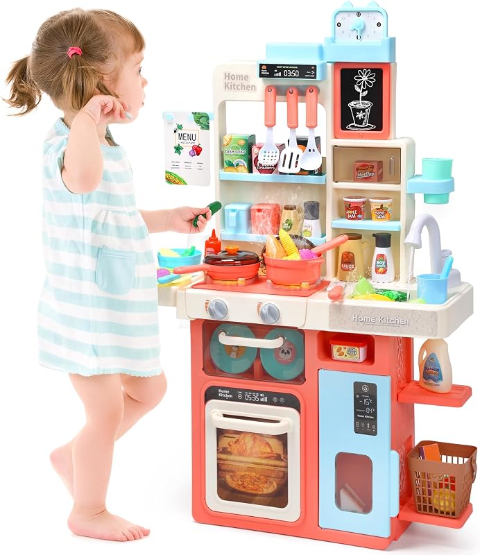 HOLYFUN Kids Kitchen Playset, Kitchen Set for Toddler with Sound and Light, Cooking Stove with Steam, Play Sink and Toy Kitchen Accessories, Pretend Kitchen Toys for Kids Girls Boys, Pink