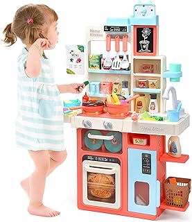 HOLYFUN Kids Kitchen Playset, Kitchen Set for Toddler with Sound and Light, Cooking Stove with Steam, Play Sink and Toy Kitchen Accessories, Pretend Kitchen Toys for Kids Girls Boys, Pink