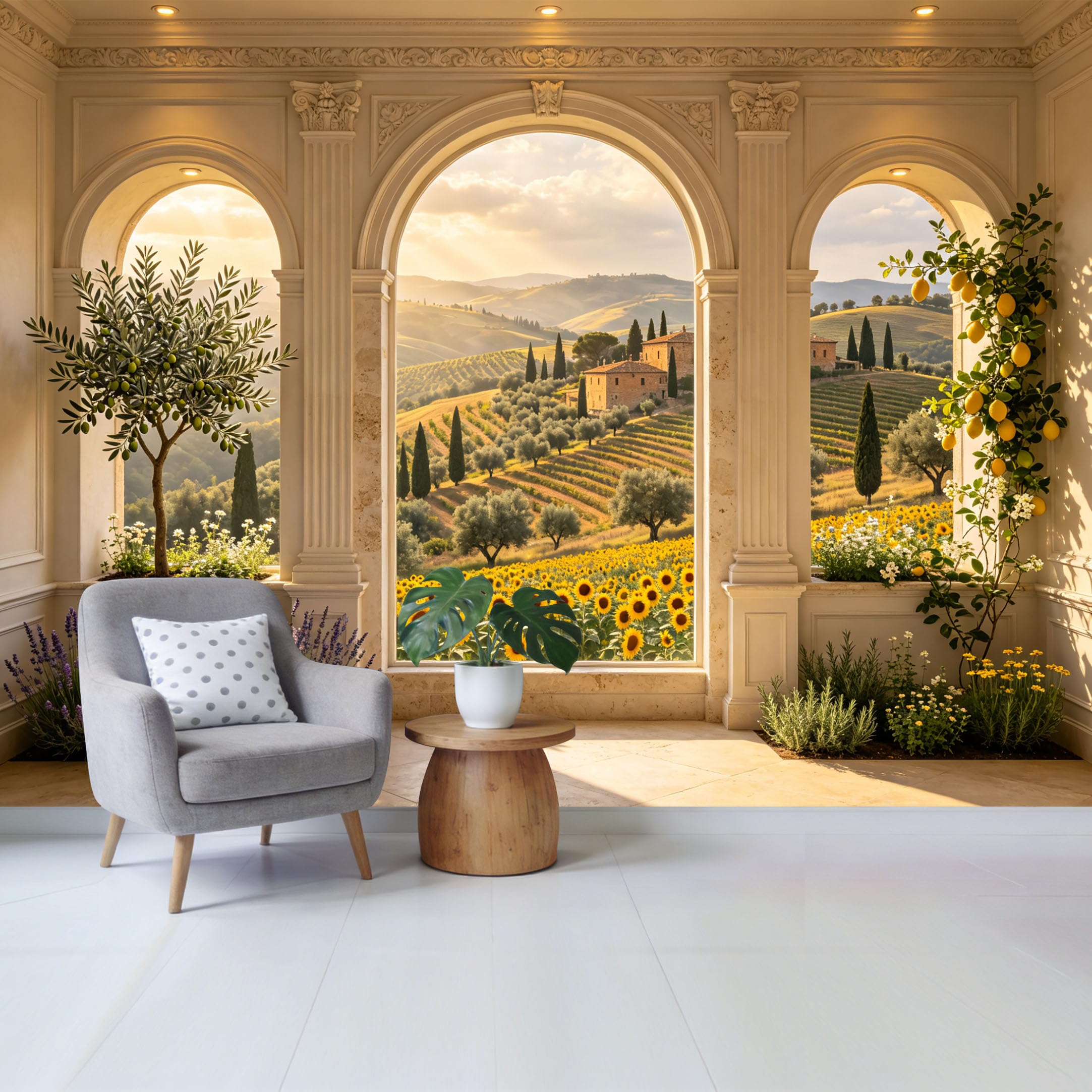 Custom Size Wall Mural Mediterranean Landscape Sunflower Vineyard View Through Classical Arches Removable Self Adhesive Fabric Home Wall Decor for Living Room Bedroom Bathroom