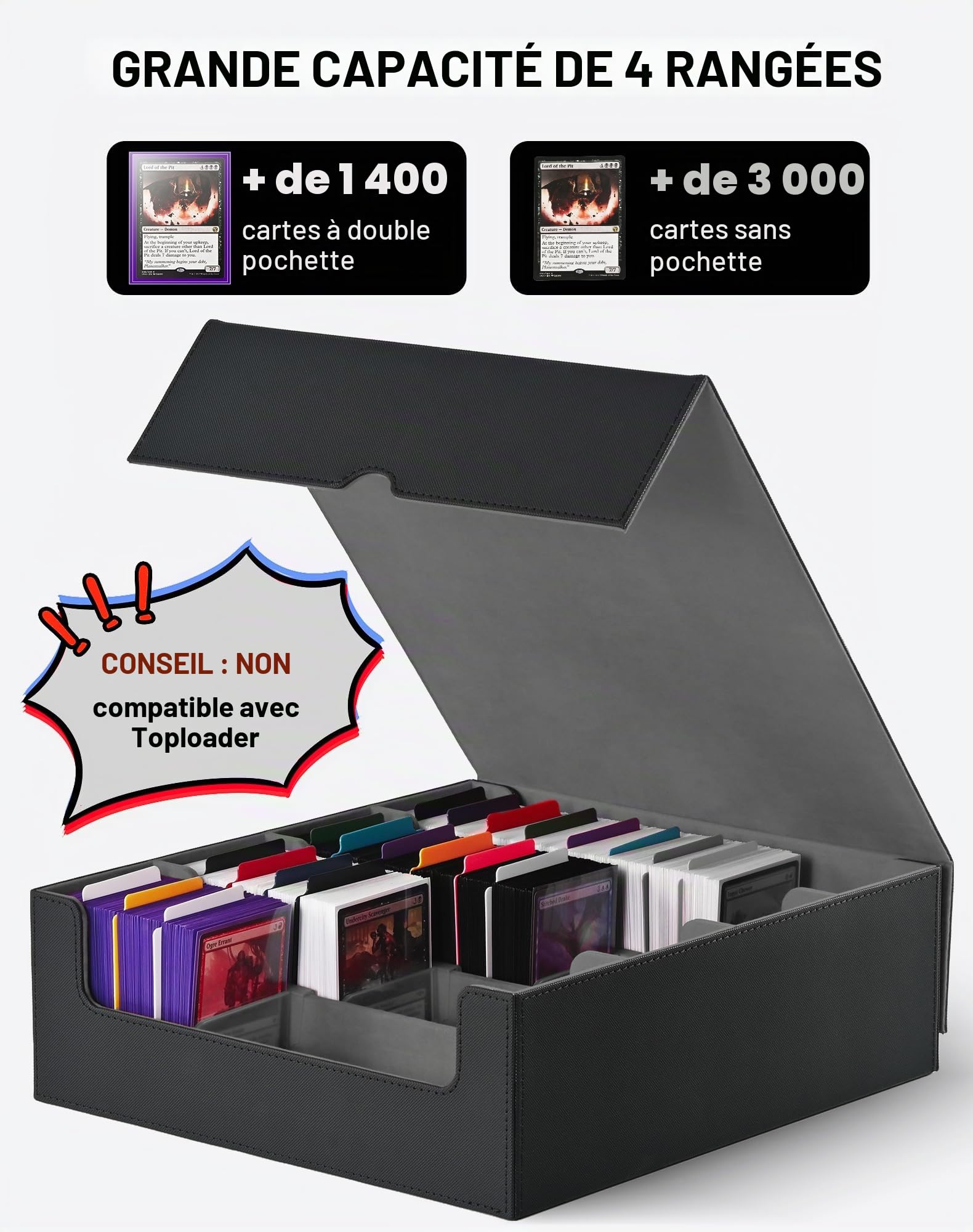 ZLCA Boîte de rangement pour cartes à collectionner, peut contenir plus de 2 400 cartes, boîte MTG avec 4 bouchons, organiseur de cartes magiques pour cartes TCG PTCG (noir)