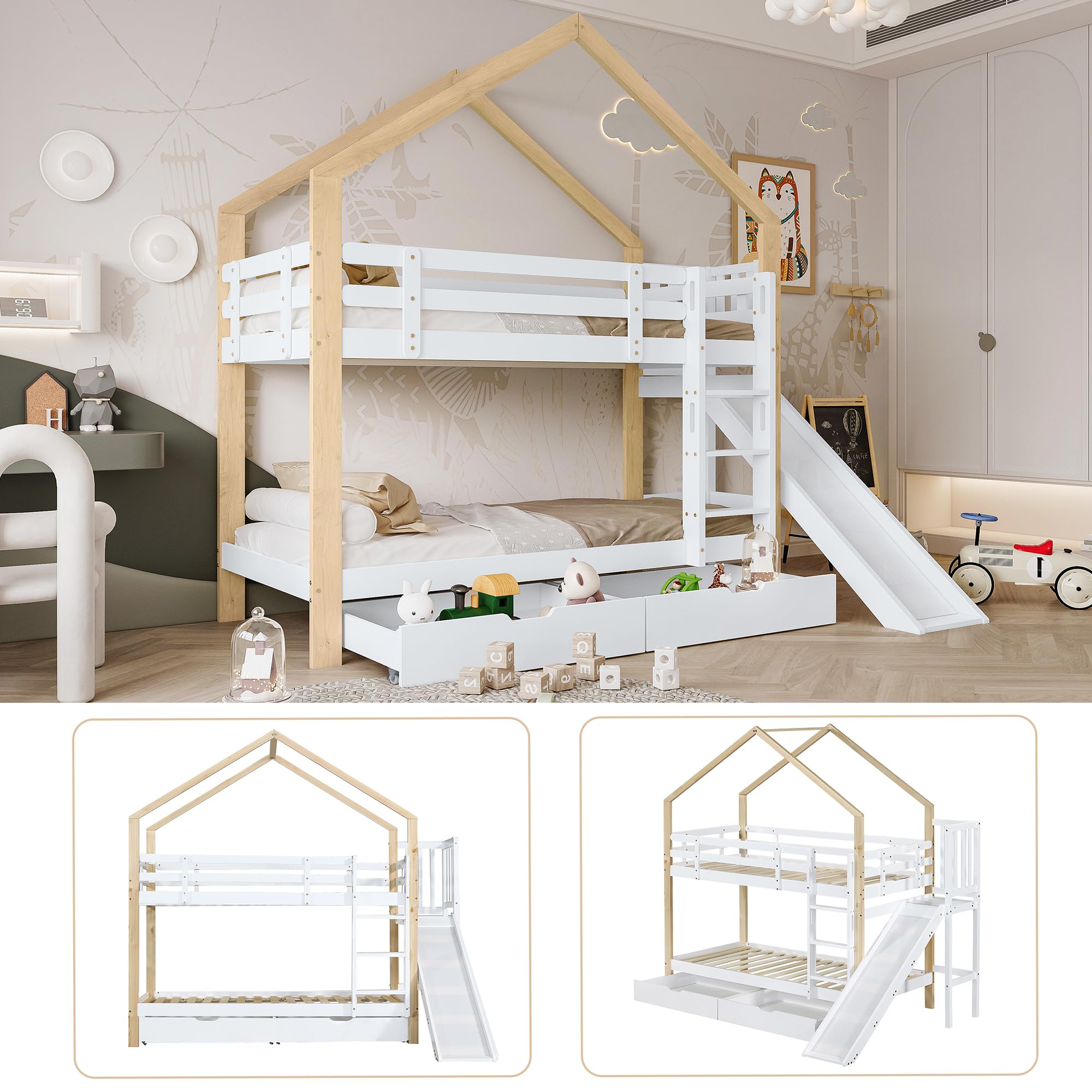 Litera con tobogán y escalera angular de tres niveles, cama con protección contra caídas, cuna, marco de cama de madera maciza, color blanco y natural, 90 x 200 cm (con 2 cajones)