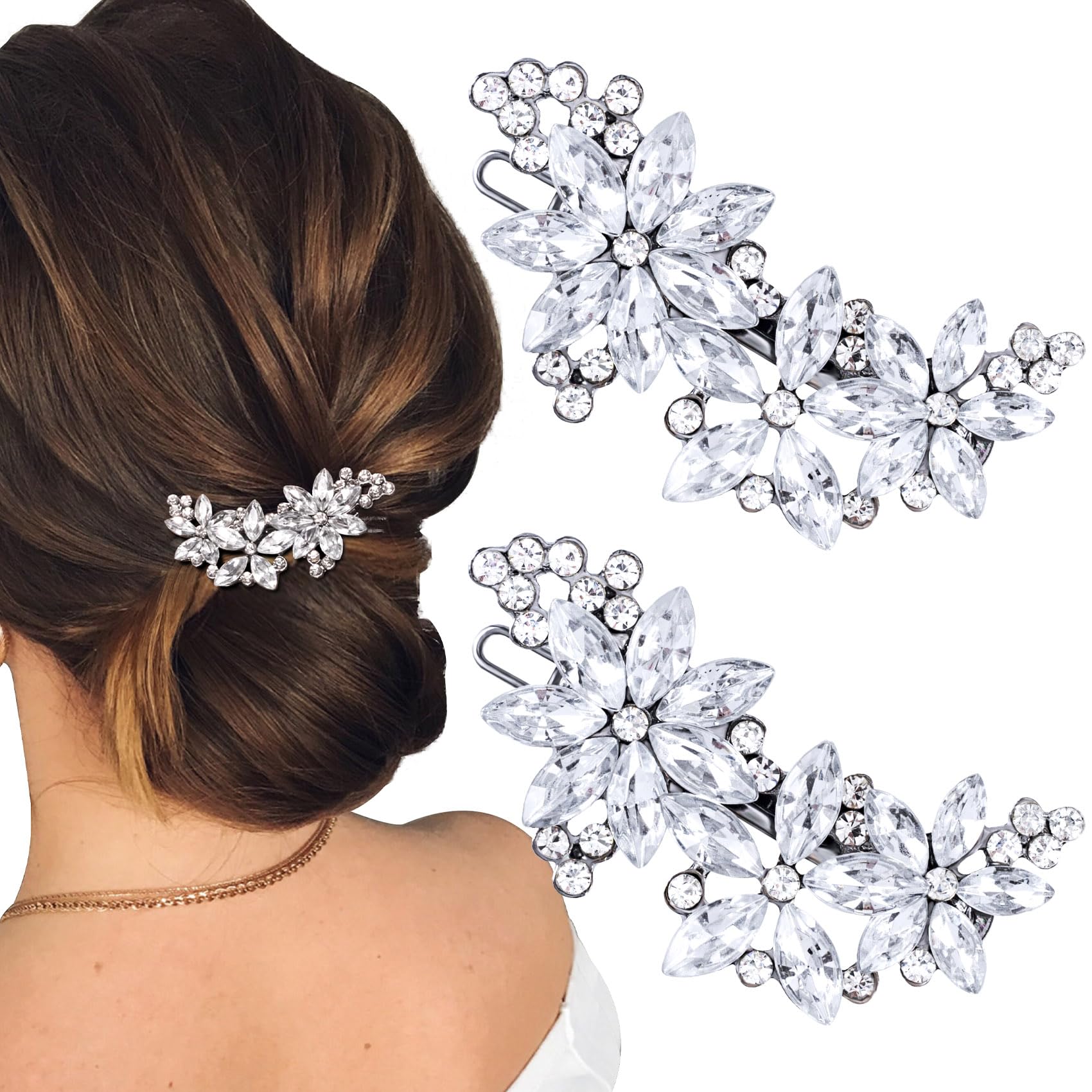 ANCIRS 2pcs Crystal Flower Hair Clips for Wedding, Silver Wedding Hair Pins, Rhinestone Flower Hair Accessories for Bridal Brides Women 2 PCS