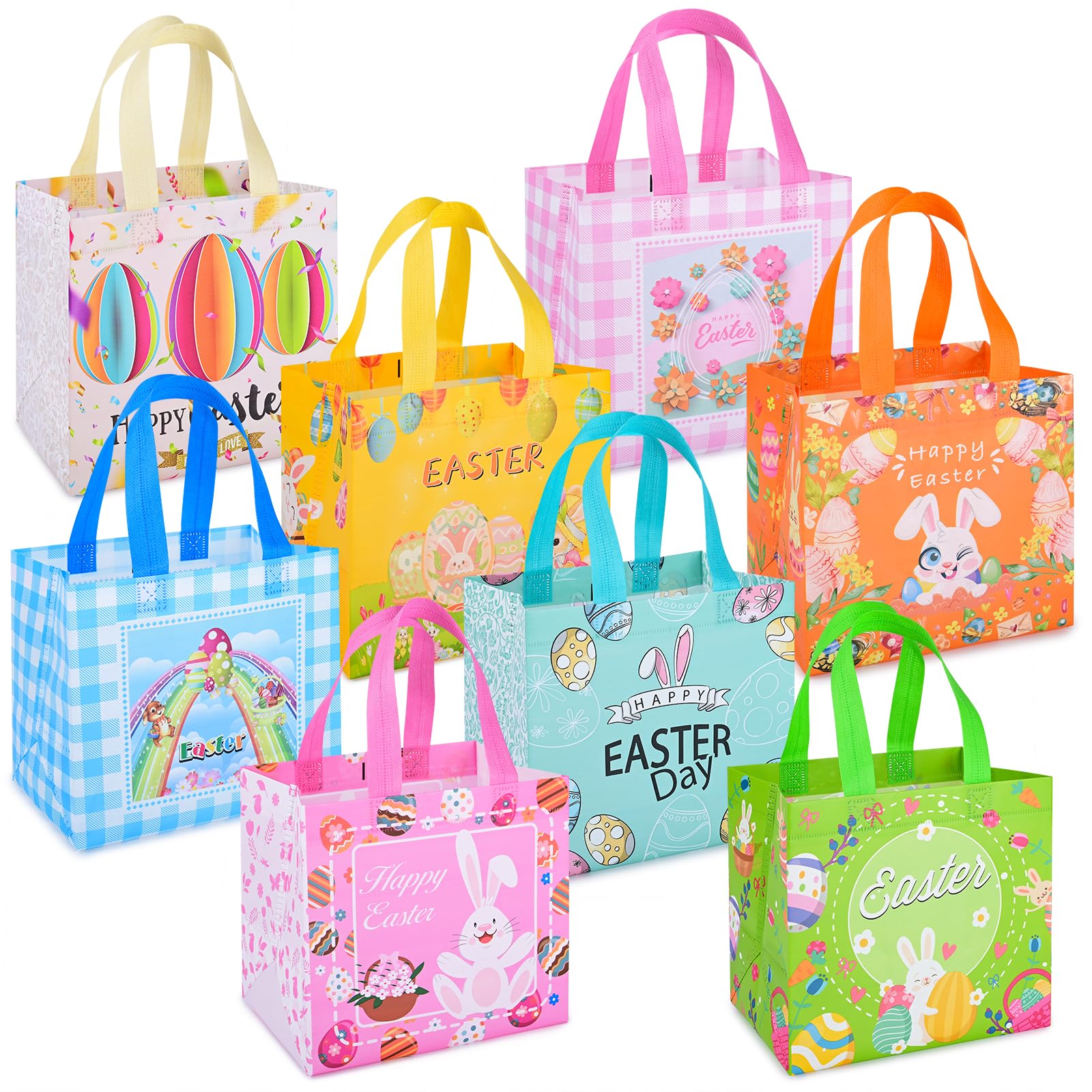 Iioscre 8 PCS Easter Gift Bags, Reusable Easter Basket with Handles, Non woven Treat Bags for Egg Hunt Game Party Supplies