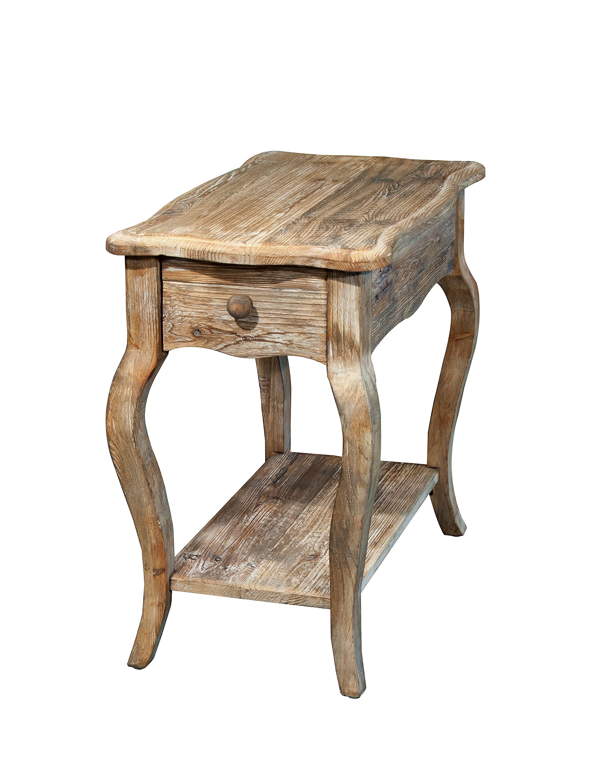 Alaterre Furniture Austerity Rustic Chairside Table with Drawer, Shelf, Curved Legs, and Scalloped Edges, (L) 15" x (W) 23" x (H) 24", Driftwood Finish