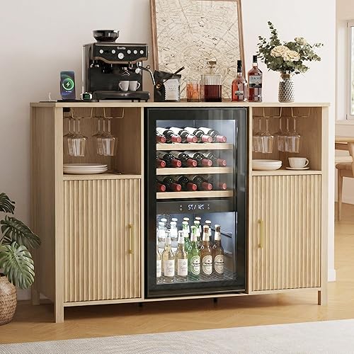 53'' Large Coffee Bar Cabinet with Power Outlet, Mini Fridge