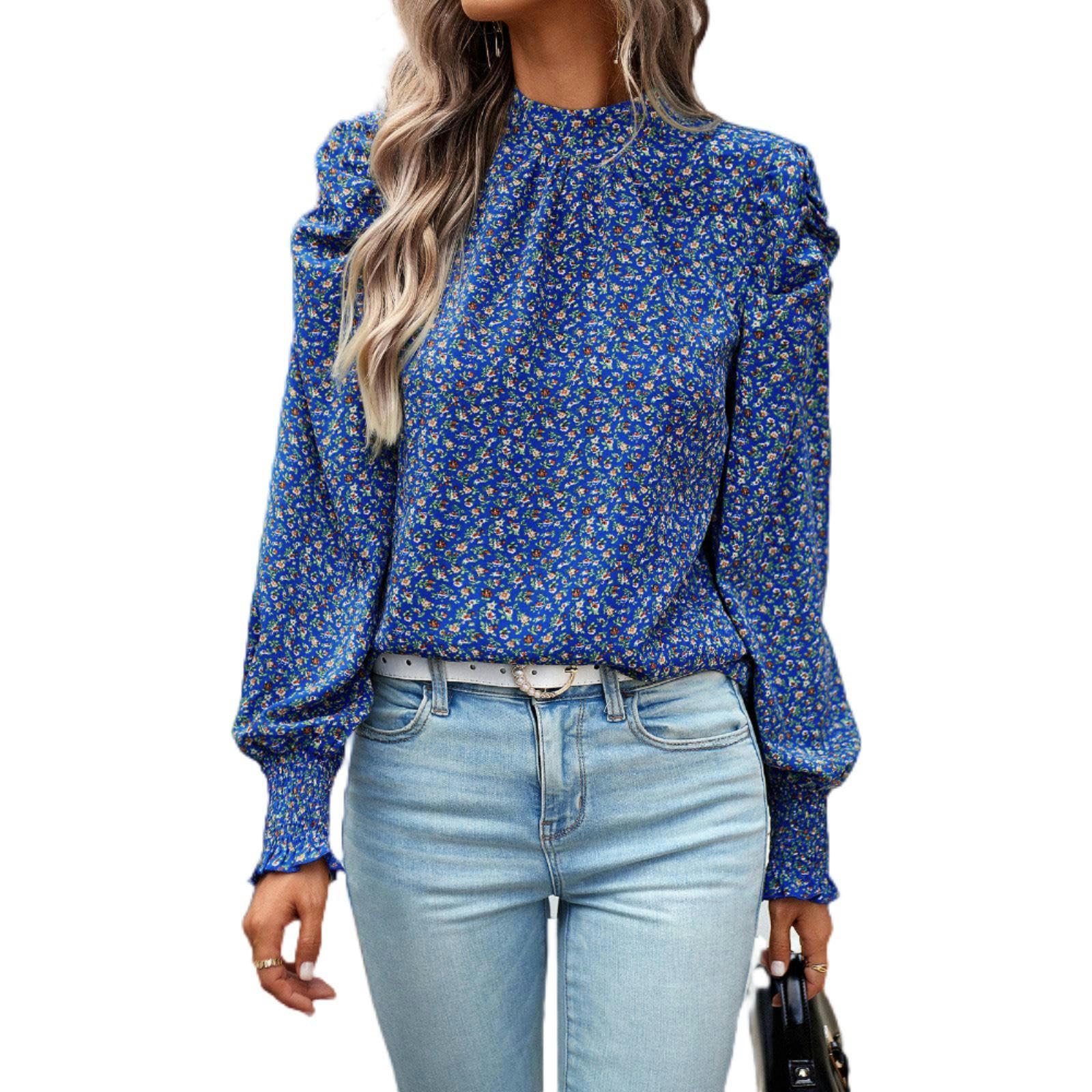 Camisa Estampada Mujer Cuello Redondo Manga Larga Invierno - Fondo Negro Flores Blancas - M