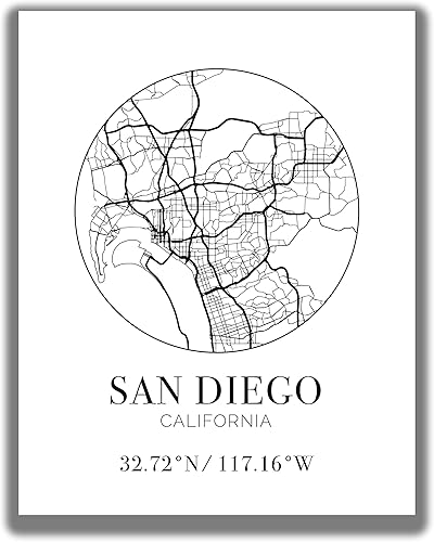 San Diego CA City Street Map Wall Art - 11x14 UNFRAMED Modern Abstract Black & White Aerial View Decor Print with Coordinates. Makes a great