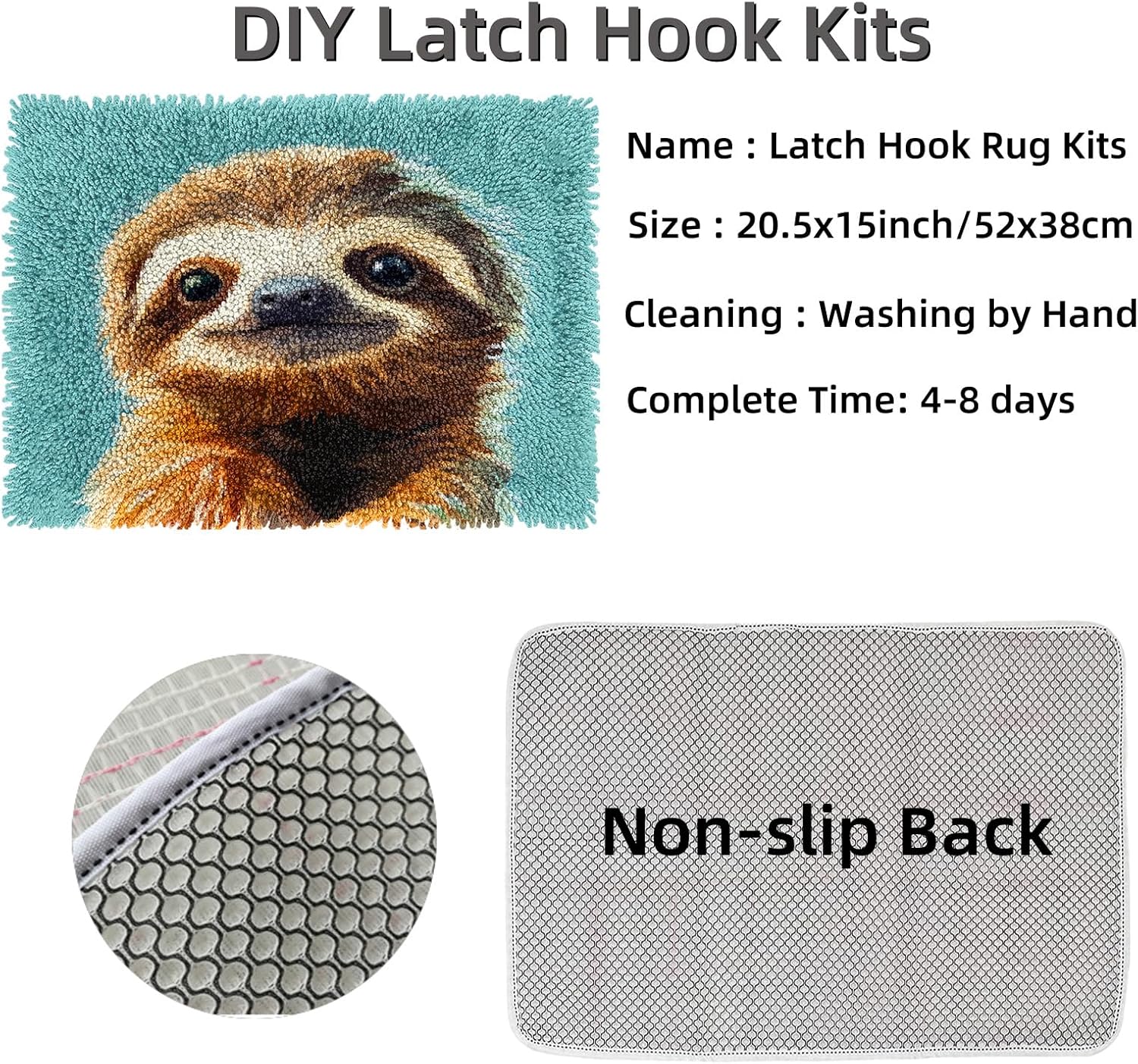 Generic DIY Latch Hook Rug Kit Cartoon Cute Sloth Stamped Non-Slip Mat Crochet Yarn Hook and Latch Embroidery Tapestry for Home Floor Decoration and Pet Warm Cushion 52x38cm(2)