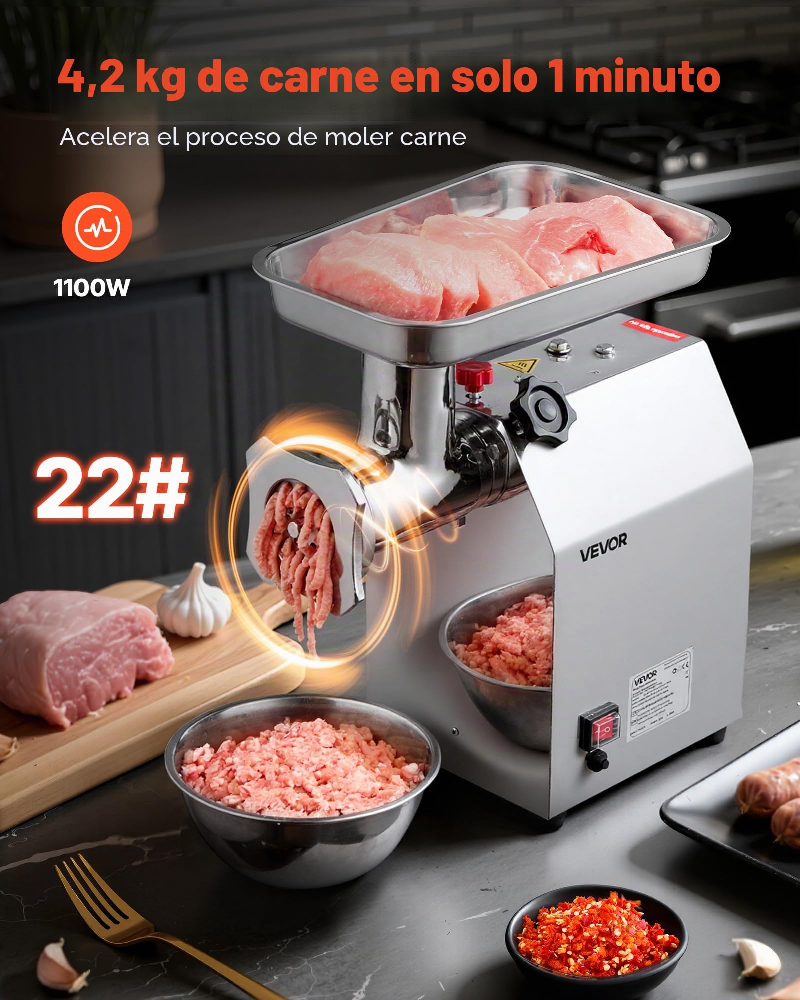 VEVOR Picadora de Carne Eléctrica de Encimera con Cuchilla, Capacidad de 4,2 kg/min, Placa de Molienda, Máquina para Hacer Salchichas, Acero Inoxidable para Cocina y Restaurante, 430 x 248 x 440 mm