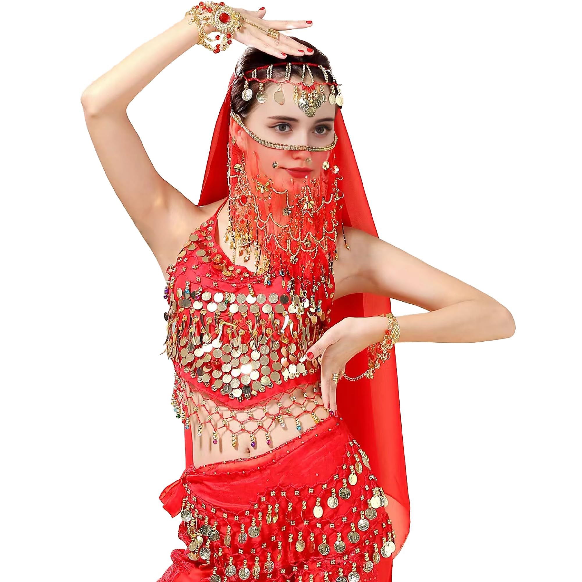 Bufanda Danza del Vientre Mujer con 128 Monedas de Oro para Carnaval Fiesta Rojo