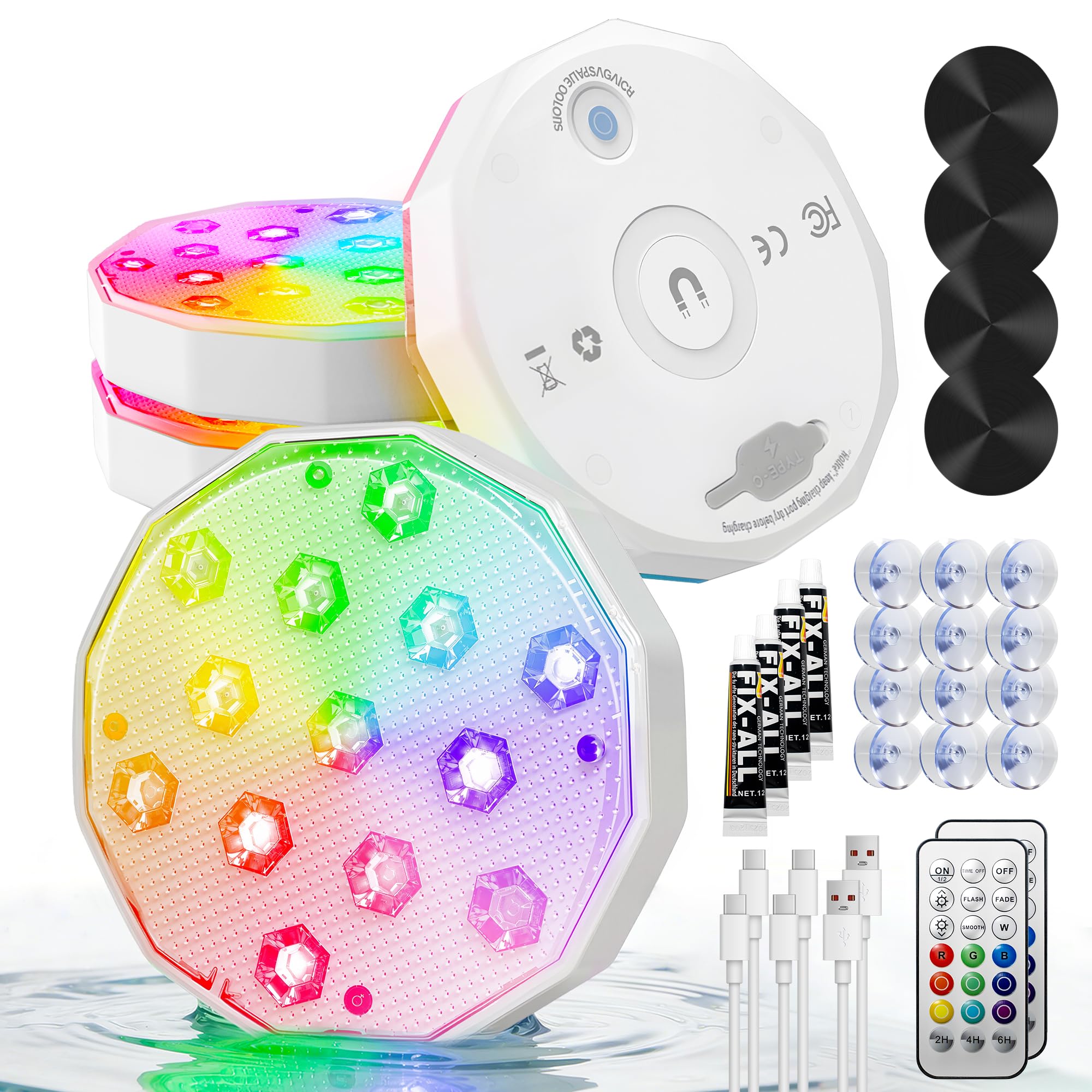 Ollny Lumiere Piscine avec Télécommande, 4 Lampes LED RGB Submersibles Rechargeables, Éclairage Magnétique Flottant pour Piscine, Étanches IP67, Lampe Piscine pour Baignoire Étang Fête - 1